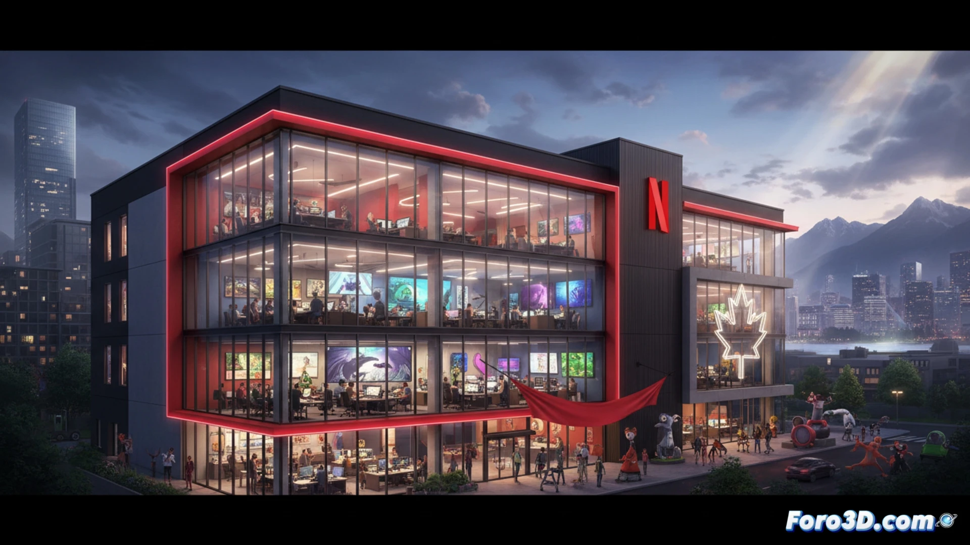 Un moderno estudio de animación con artistas trabajando en pantallas, reflejando la expansión de Netflix en Vancouver.