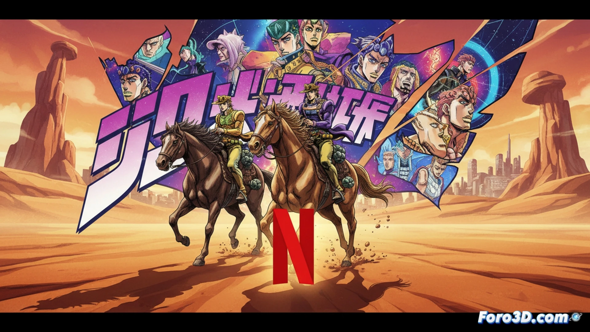 Un anime de JoJo's Bizarre Adventure con el logo de Netflix y un calendario marcando otoño de 2026.