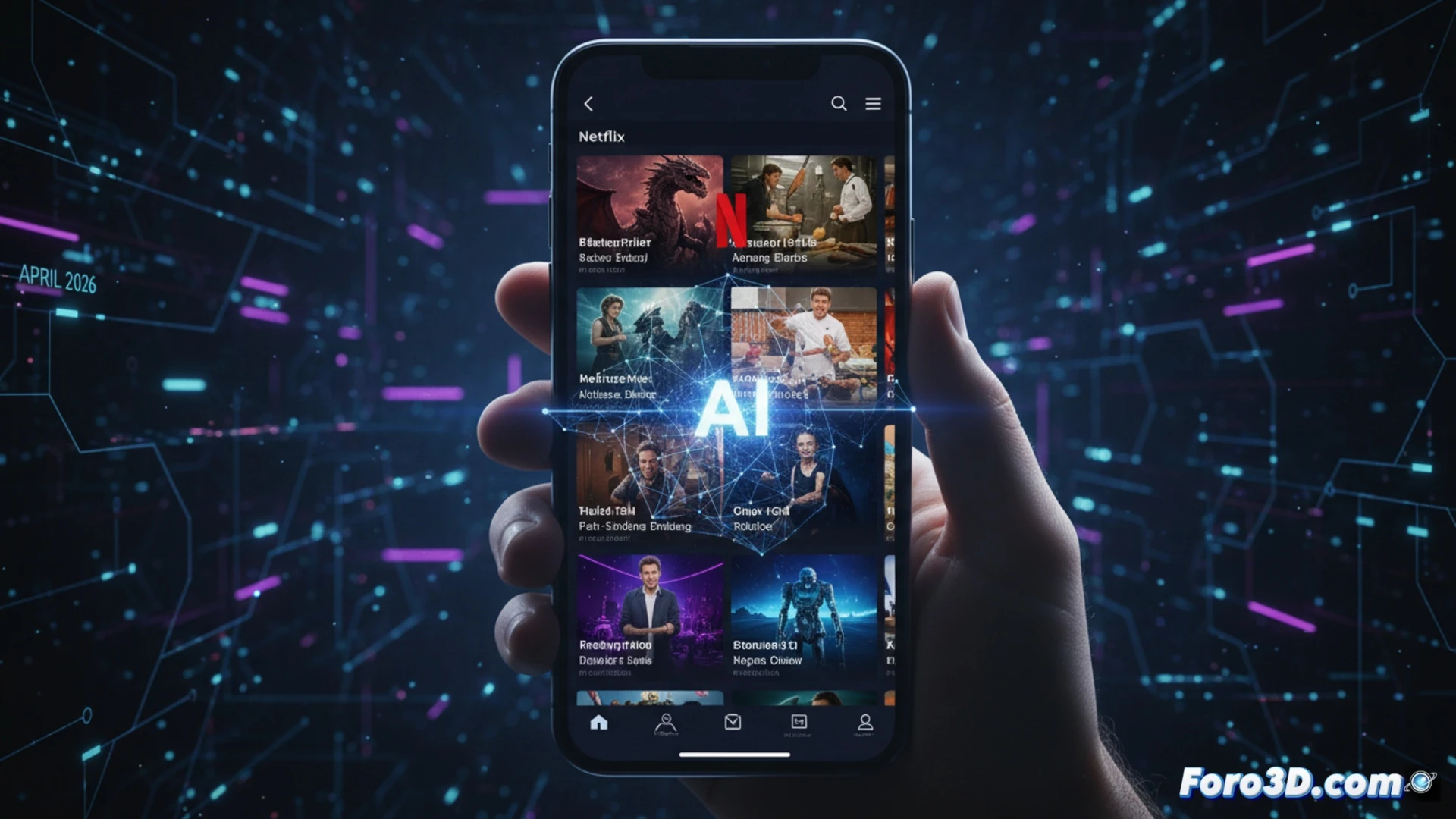 Una pantalla móvil muestra el nuevo feed vertical de Netflix, con miniaturas de series y películas, junto a iconos de IA.