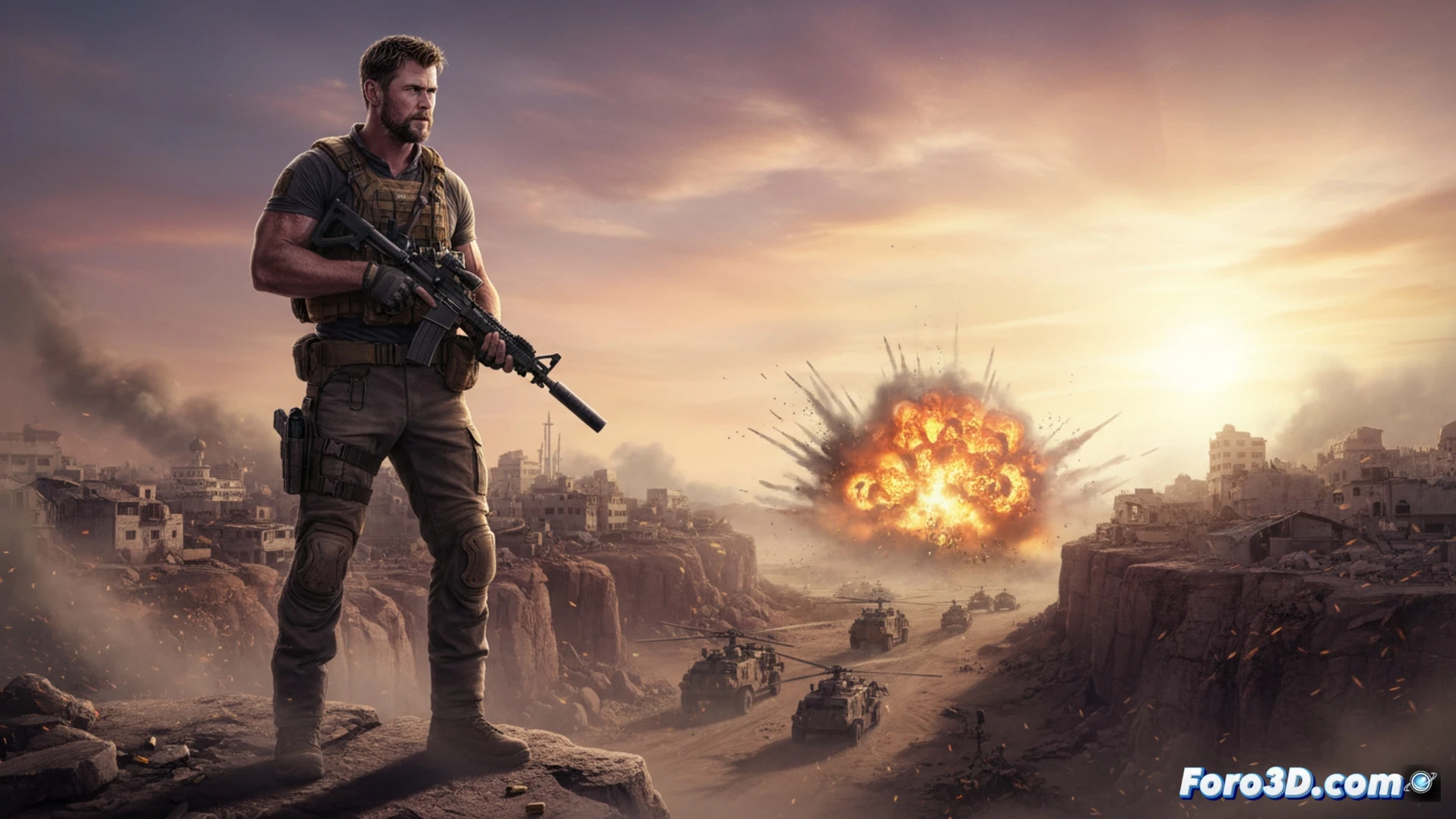 Un primer plano intenso de Chris Hemsworth como Tyler Rake, con mirada decidida y fondo de acción explosiva.