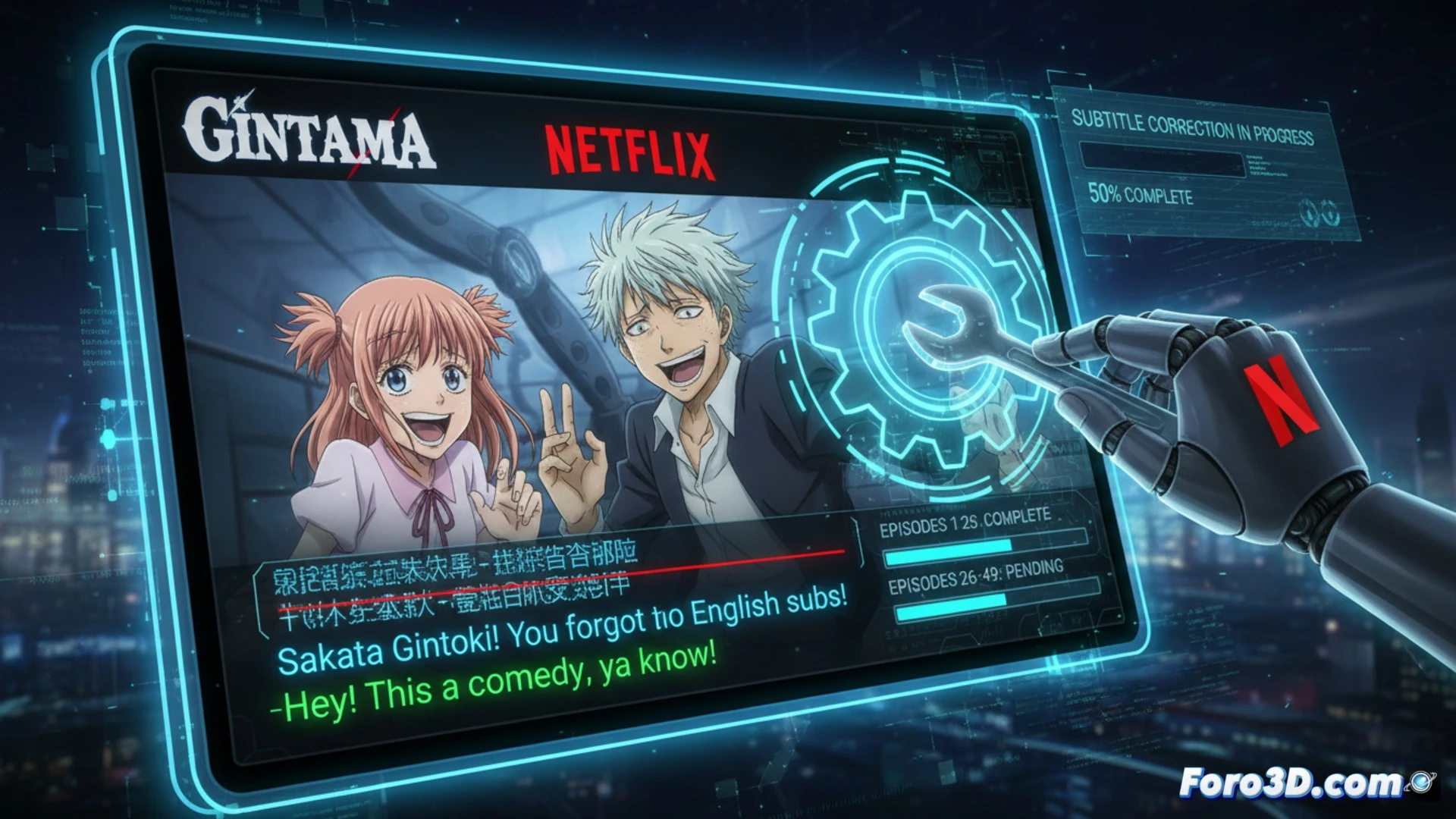 Imagen de Gintama con subtítulos en inglés solo en la primera mitad de los episodios.