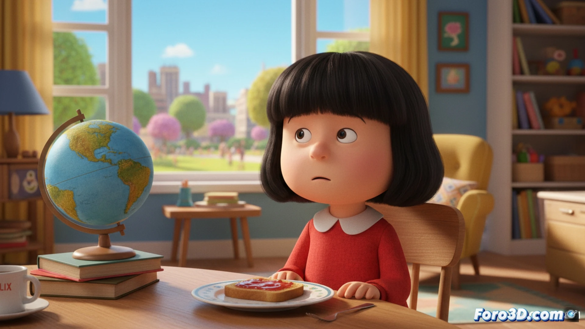 Una versión CGI de Mafalda, con colores suaves y texturas, en su clásico vestido verde y lazo rojo.