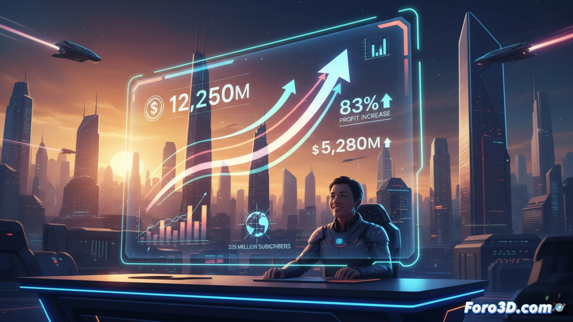 Una gráfica de barras ascendente con el logo de Netflix y la cifra de ganancias '5280M' en destacado.
