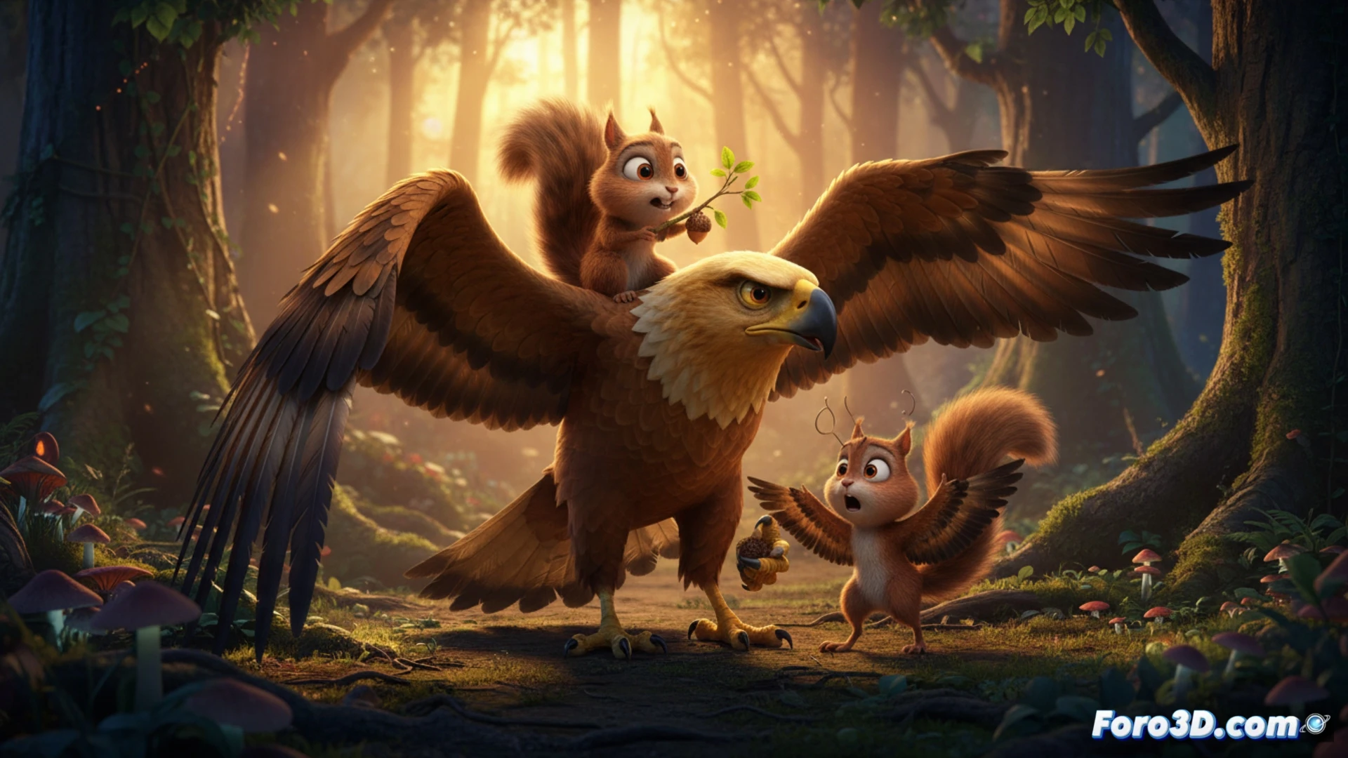 Un pequeño zorro y un águila majestuosa, atrapados en el cuerpo del otro, se miran con asombro y confusión en un claro del bosque.