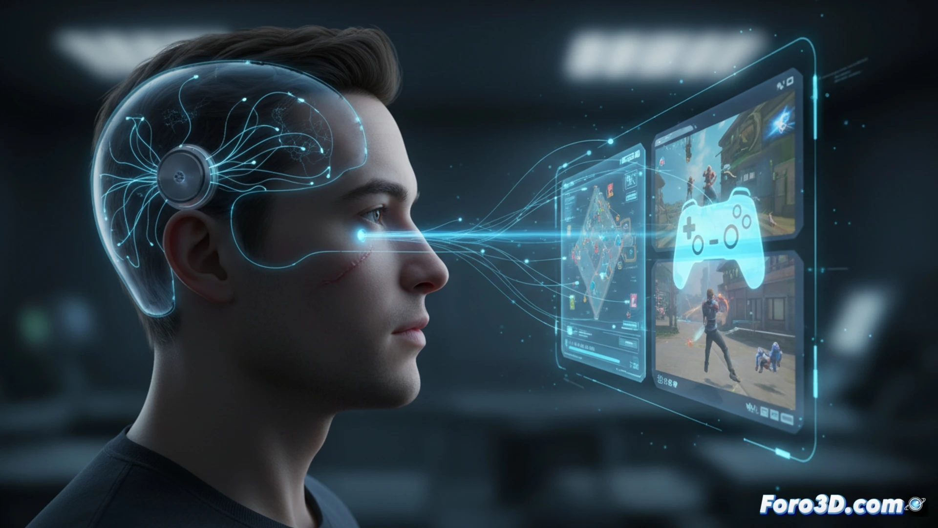 Implante cerebral Neuralink Telepathy en un cráneo humano, con conexiones neuronales y datos digitales fluyendo.