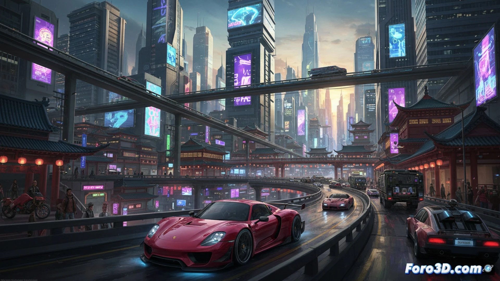 Un Porsche 918 Spyder plateado cruza una vibrante metrópolis futurista con rascacielos asiáticos y letreros de neón.