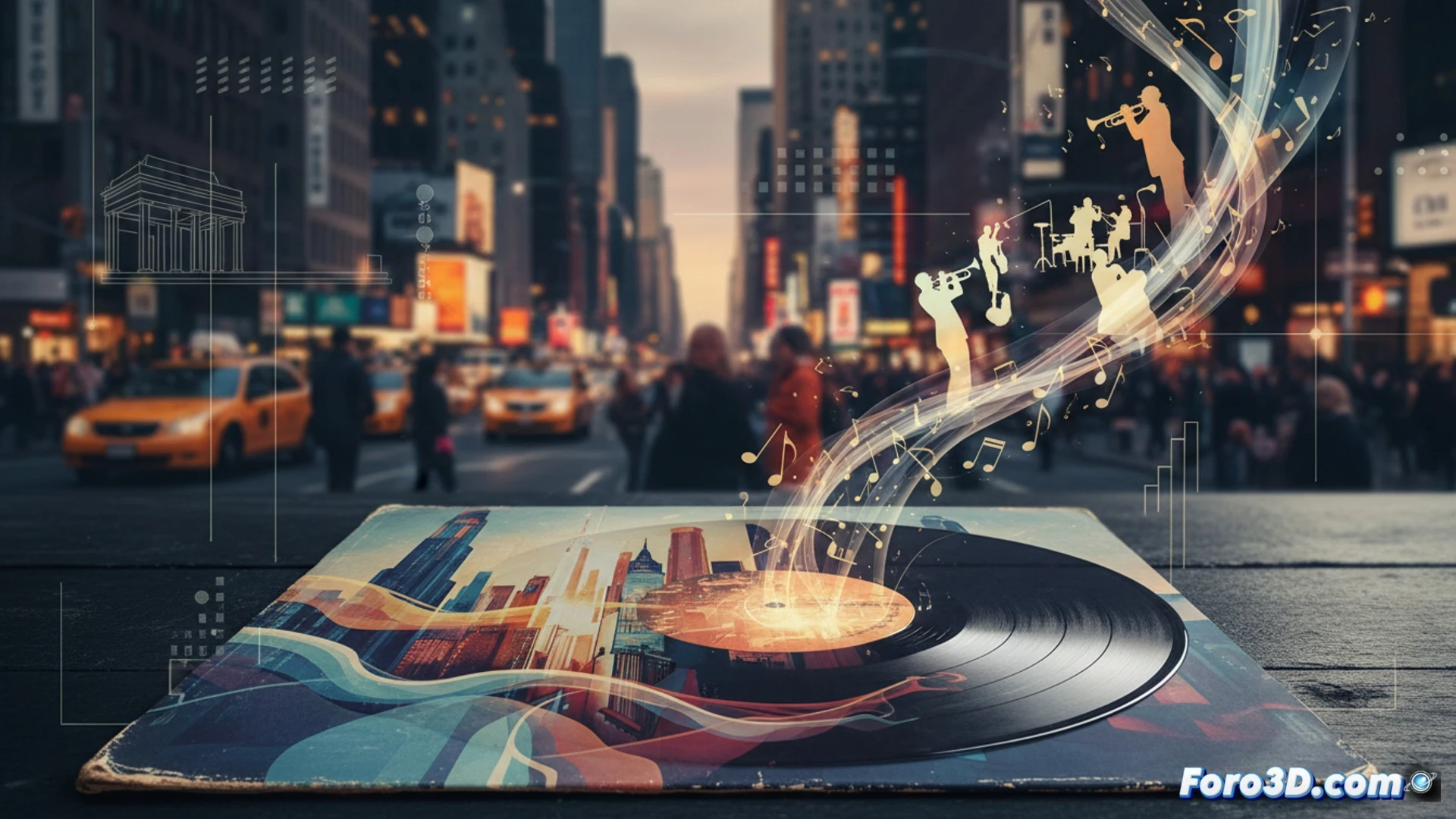 Una trompeta dorada sobre fondo negro, con notas musicales que dibujan el perfil del skyline de Nueva York.