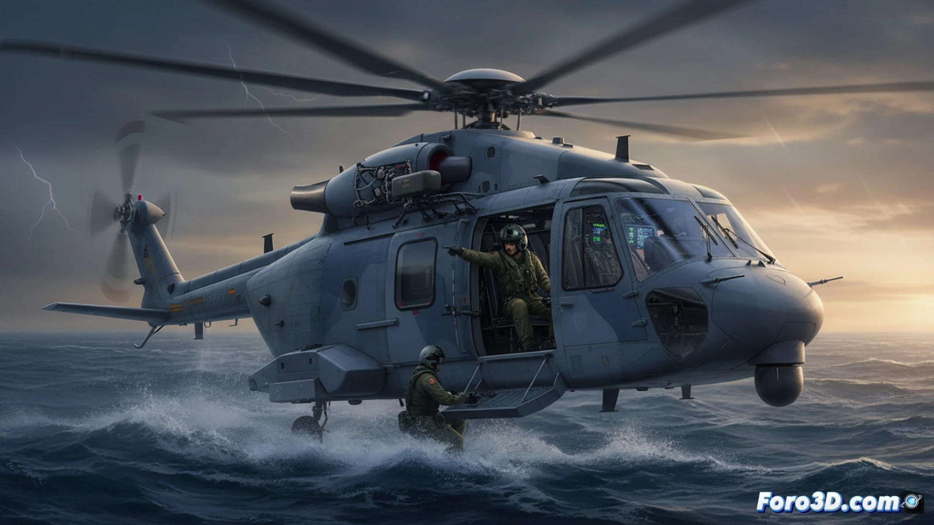 NH90 naval sobre cubierta de fragata, rotor en marcha, mar de fondo, atardecer naranja.