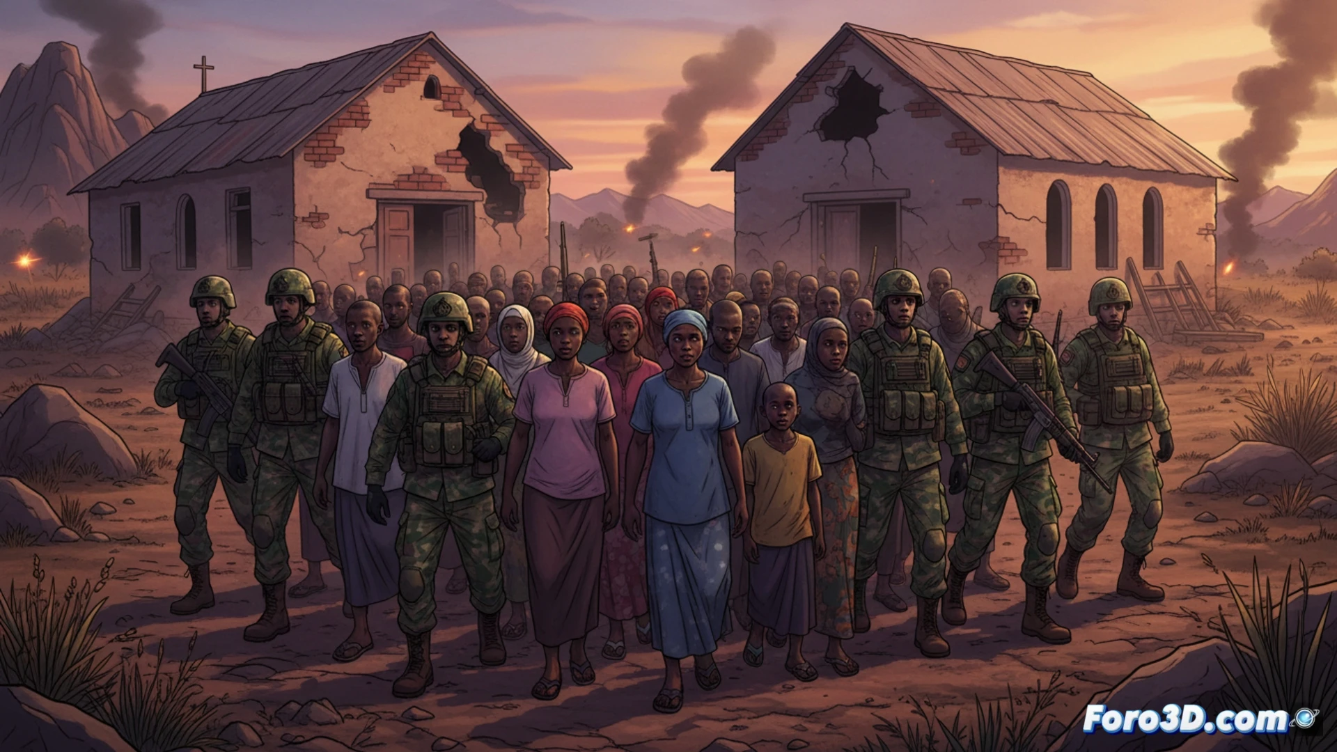 Imagen de soldados nigerianos custodiando a civiles liberados, entre escombros de una iglesia en una aldea rural al atardecer.