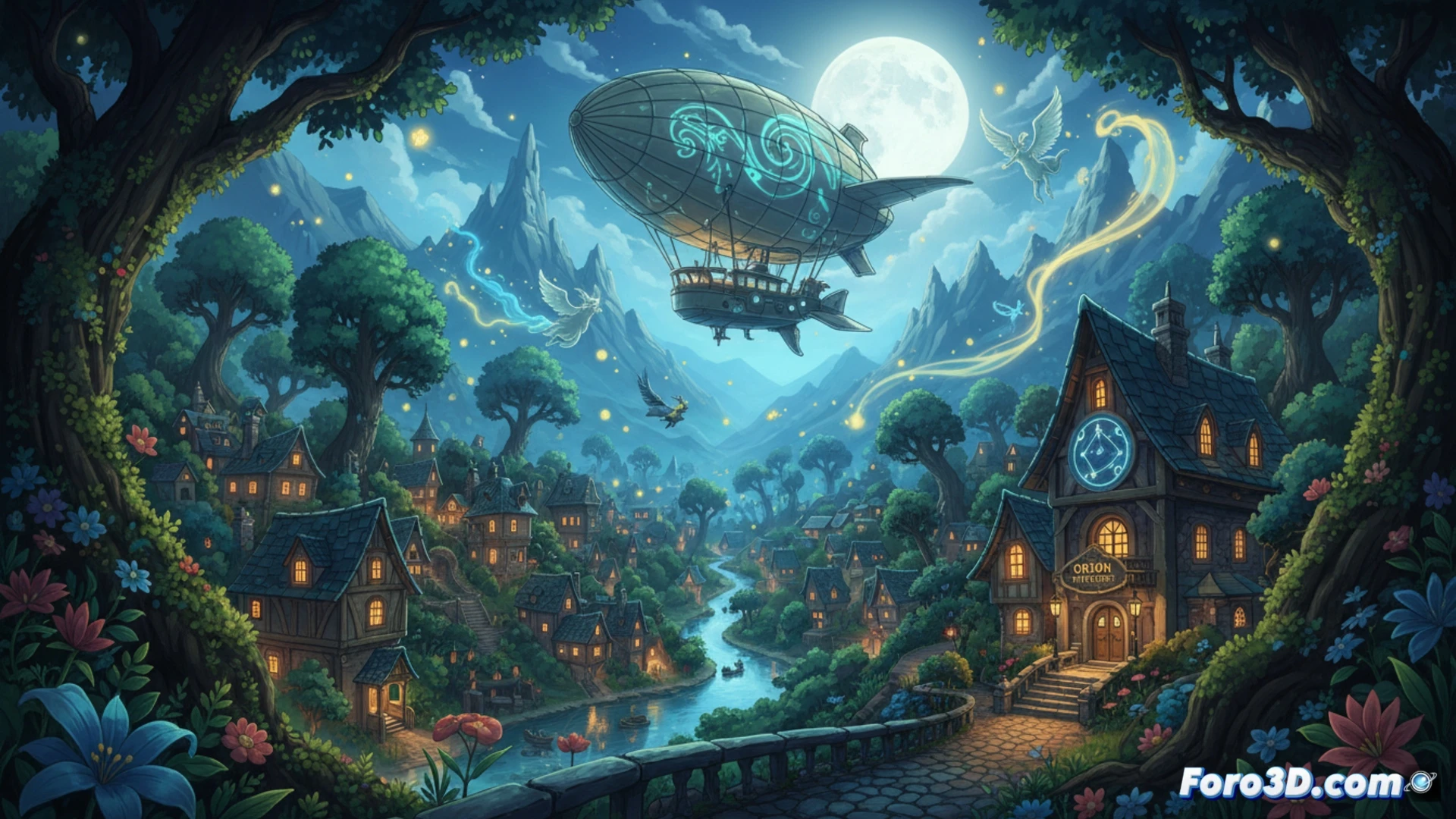 Un bosque nocturno iluminado por linternas flotantes, con una bruja joven volando en escoba bajo una luna llena, castillos en la distancia y árboles retorcidos.