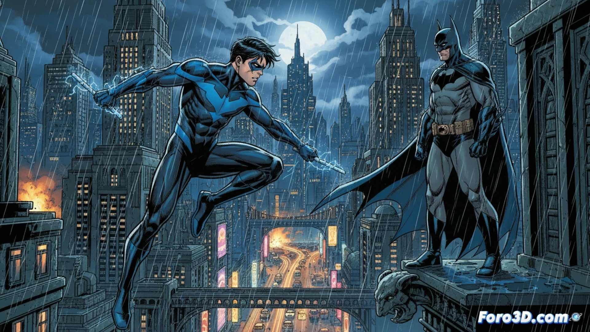 Nightwing en acción, reflejando la sombra de Batman mientras forja su propio camino en la noche de Blüdhaven.