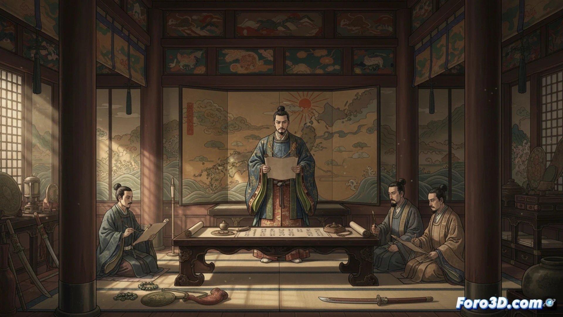 Un príncipe escribe crónicas bajo la luz de una lámpara, forjando la historia oficial del antiguo Japón imperial.