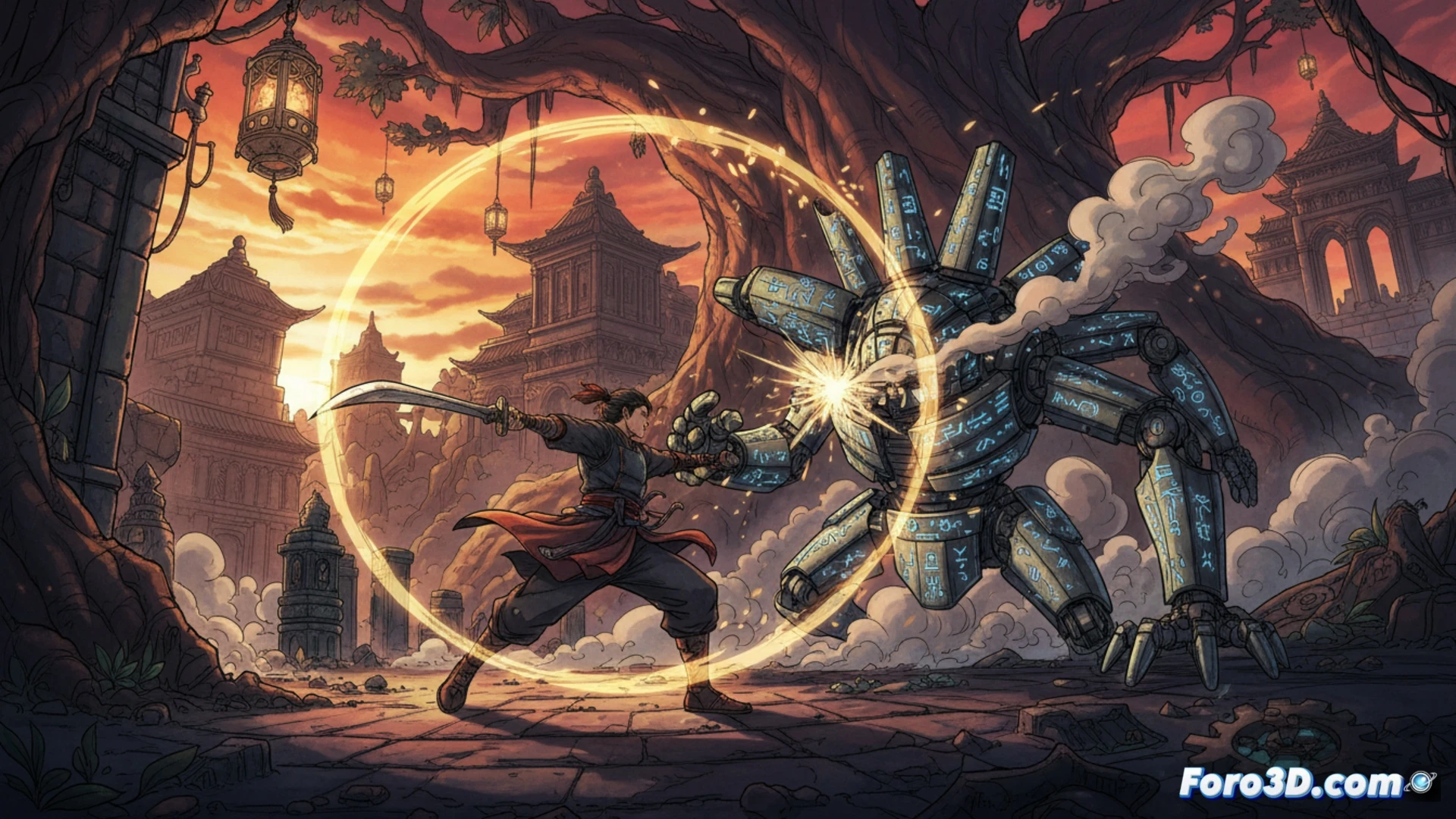 Ilustración de Nine Sols en PS Plus: guerrero con espada roja enfrenta enemigos en estilo dibujado a mano, combate fluido como danza.