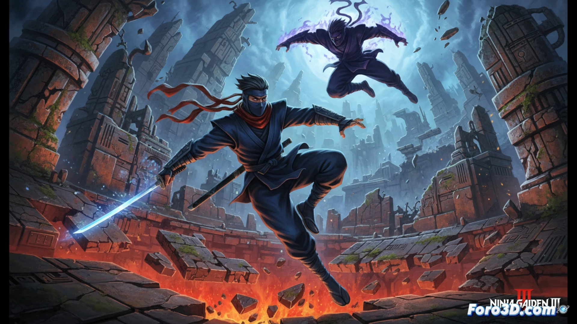 Un ninja pixelado escala un barco antiguo en una noche tormentosa, con el logo de Ninja Gaiden III en pantalla.