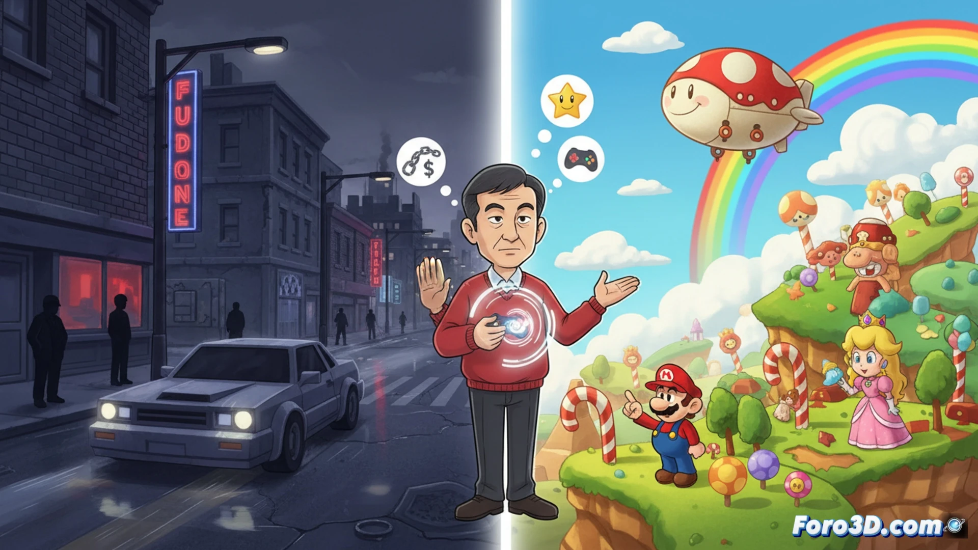 Un cartel luminoso de GTA 3 se desvanece sobre una consola Nintendo con Super Mario, contrastando violencia callejera con alegría familiar.