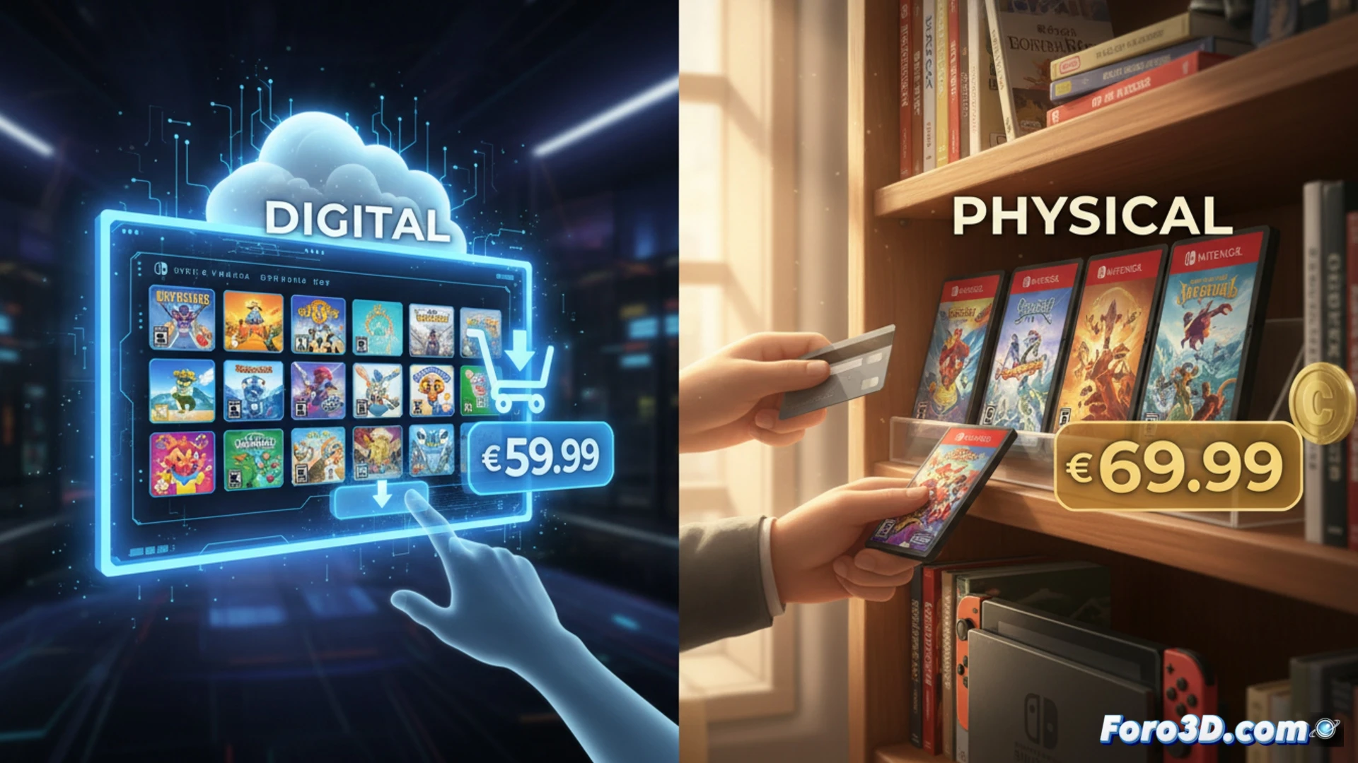 Consola Nintendo Switch 2 con un cartucho fisico y un icono digital, mostrando una diferencia de precio.