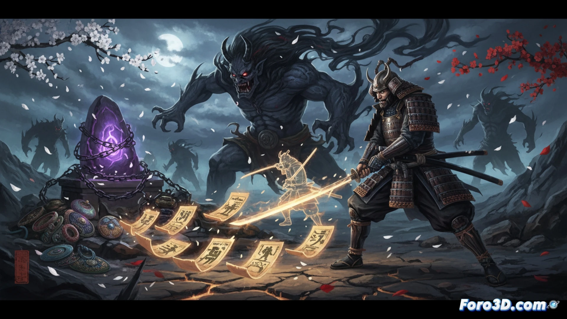 Un guerrero samurái observa un pergamino antiguo, con una piedra mística brillando sobre su equipo en un dojo japonés.