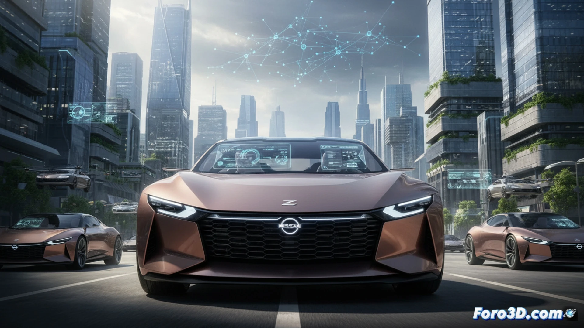 Un vehículo Nissan futurista, con su carrocería transformada en un circuito de chips y datos de IA brillantes.