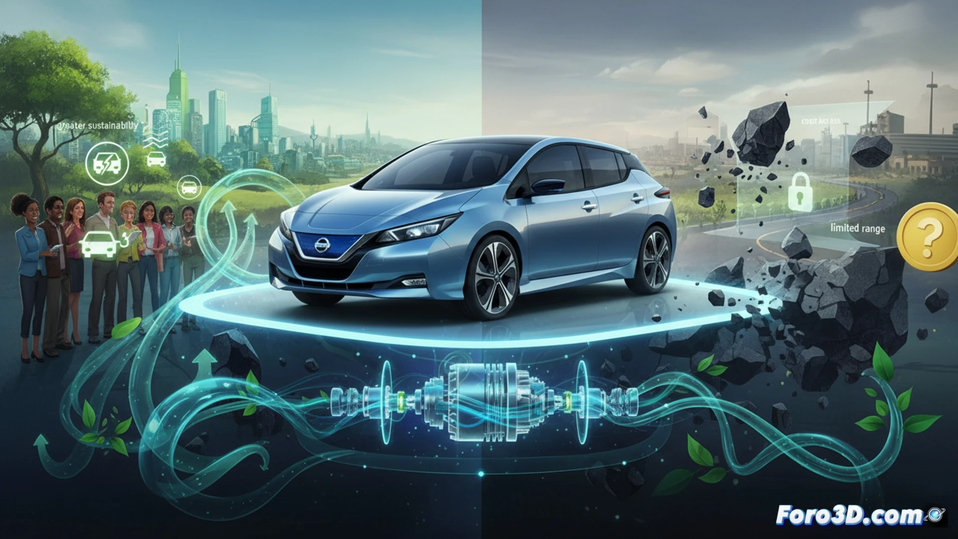 Motor eléctrico del Nissan Leaf desmontado, mostrando componentes innovadores que reducen drásticamente el uso de tierras raras.