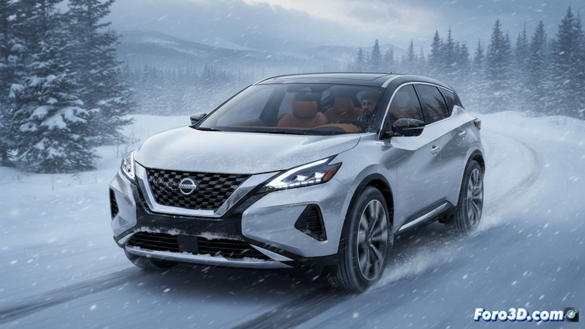 Nissan Murano 2025 en nieve, diseño futurista y luces LED, mostrando lujo contenido y robustez invernal.