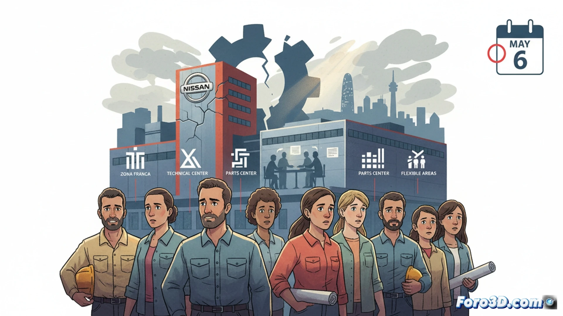 Imagen de la fábrica de Nissan en Barcelona, con trabajadores saliendo del centro técnico de la Zona Franca, banderas sindicales y un cartel de ERE en primer plano.