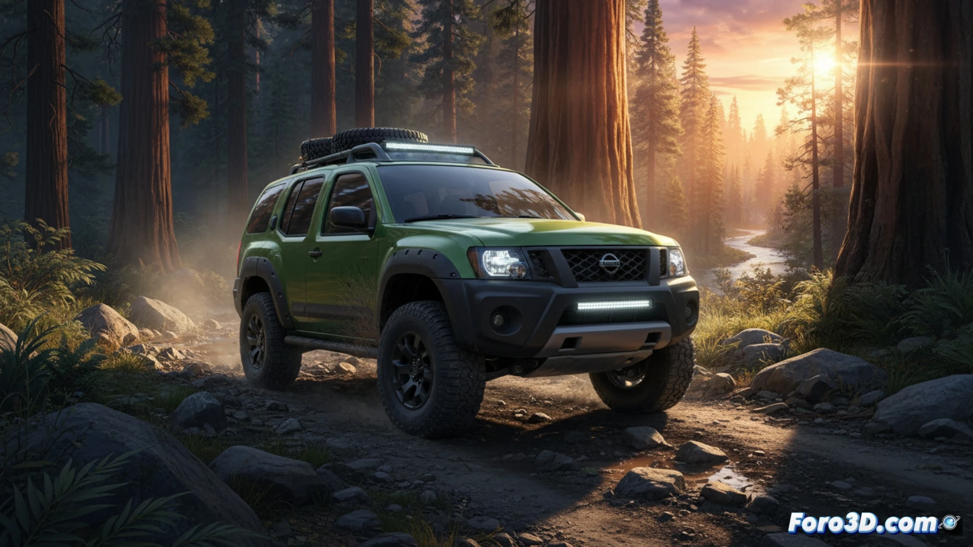 Un todoterreno Nissan Xterra 2028 con chasis body-on-frame, estilo robusto y opción de motor V6, sobre terreno rocoso.