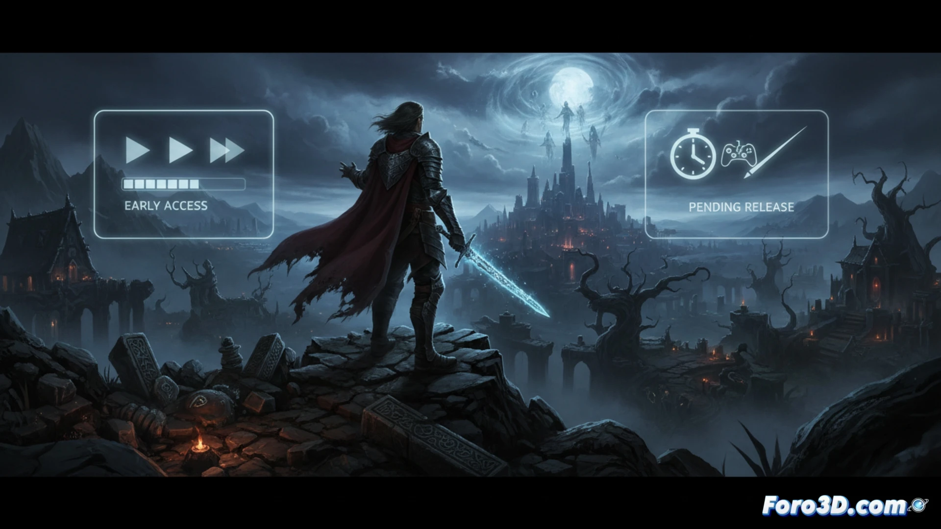 Un guerrero exhausto observa una ciudad en construcción, con herramientas y planos esparcidos, simbolizando el acceso anticipado.