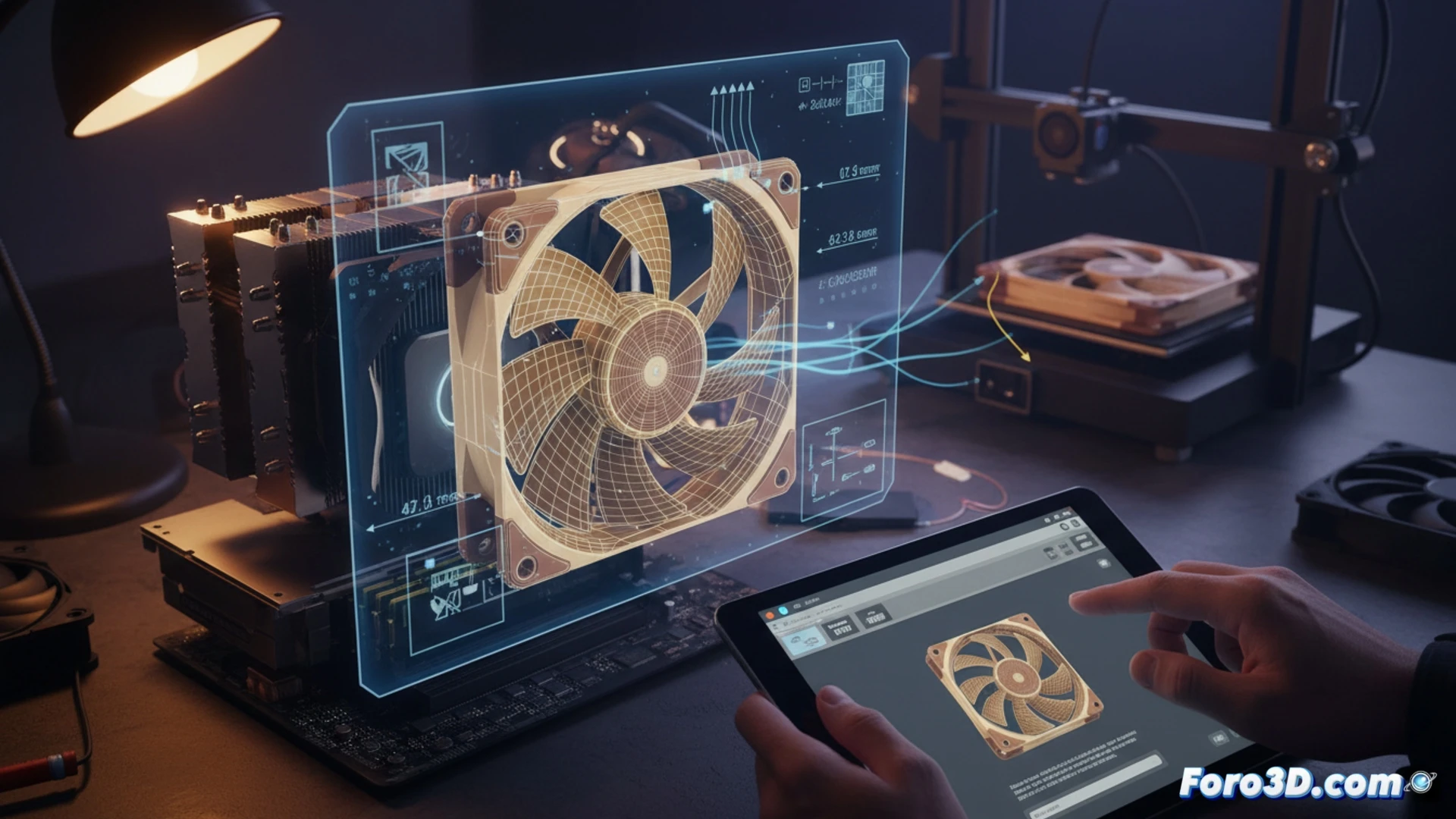 Una imagen detallada muestra un ventilador Noctua NF-A12x25 en un escritorio, junto a un ordenador abierto con piezas. Al lado, una laptop exhibe un modelo CAD 3D del ventilador en pantalla, con una flecha señalando la opción de descarga gratuita. Una impresora 3D imprime una réplica del ventilador, mientras herramientas de medición y un calibre yacen cerca, simbolizando precisión y personalización en la construcción de PC.