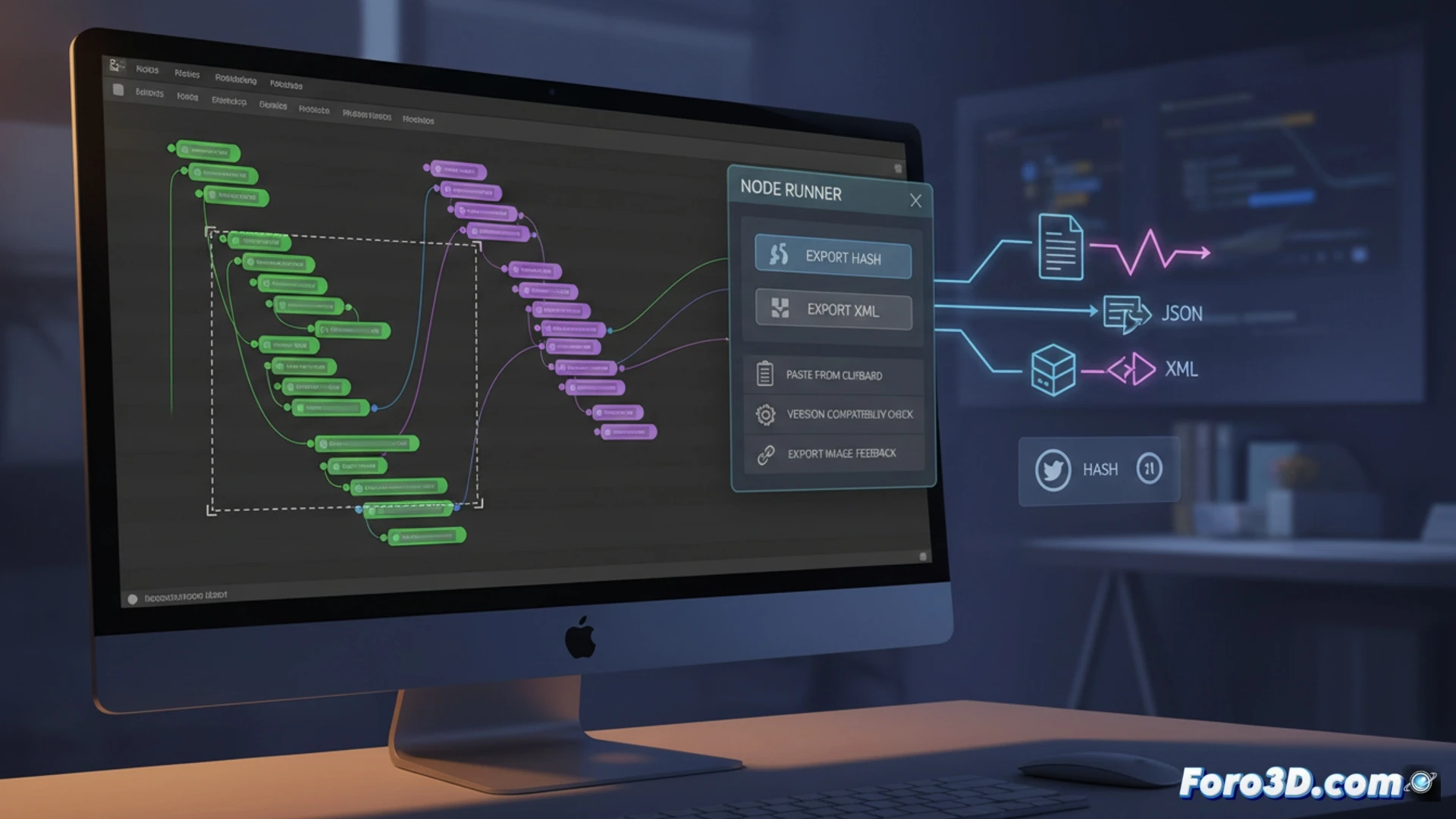 Un complemento de Blender que exporta árboles de nodos a texto plano (JSON, XML), facilitando su intercambio sin archivos pesados.