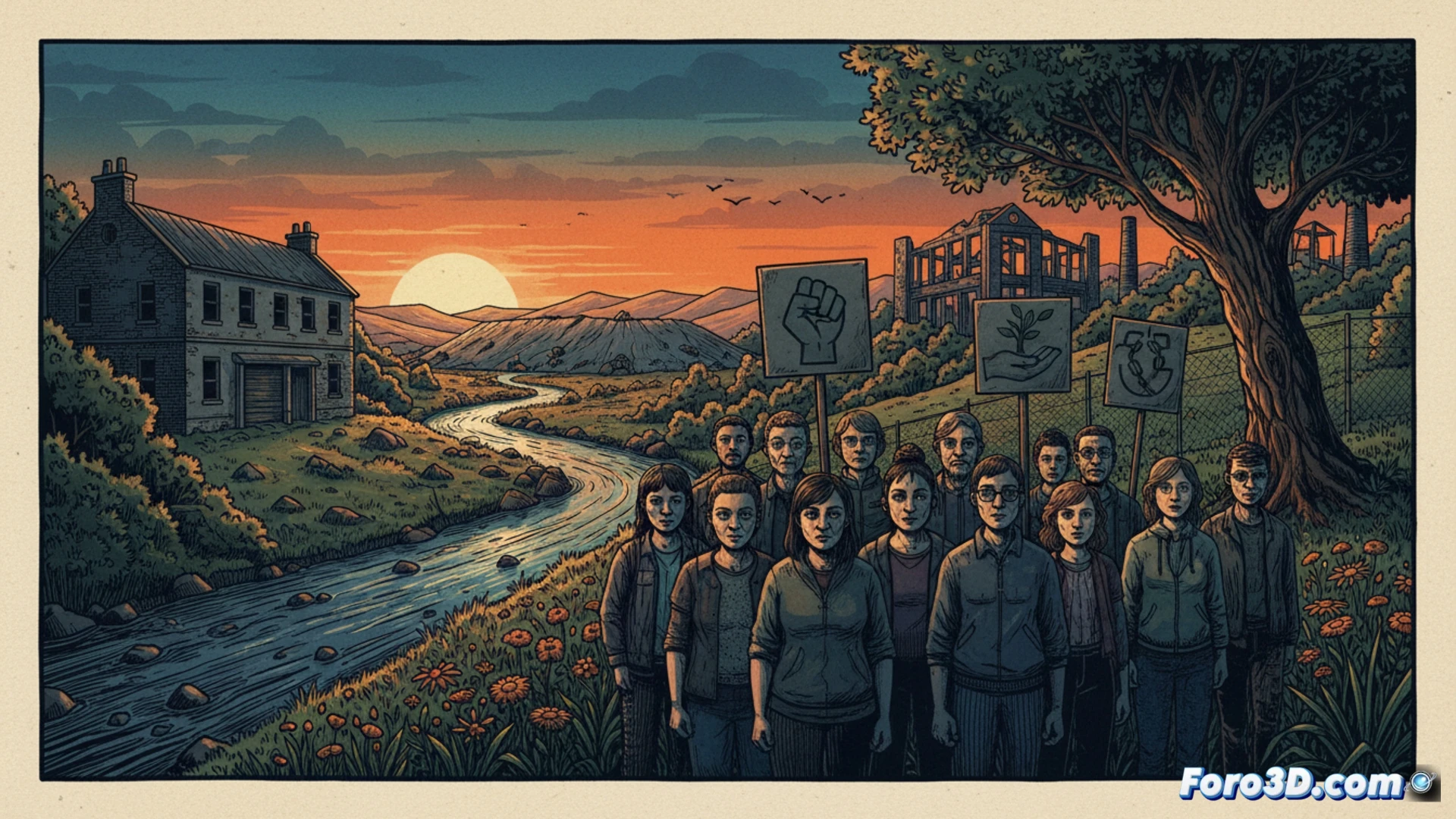 Una viñeta del valle de Rhondda muestra mineros y activistas con carteles, arroyos manchados y un hospital cerrado al fondo.