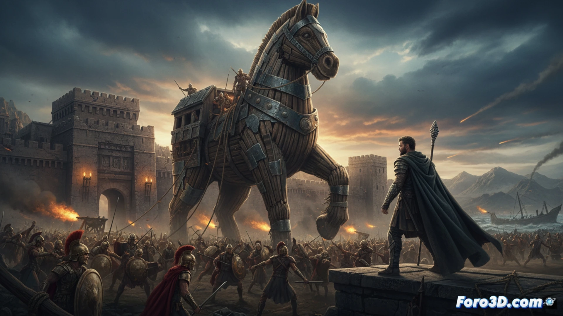 Christopher Nolan en el set, dirigiendo una toma épica del Caballo de Troya con efectos prácticos a gran escala.