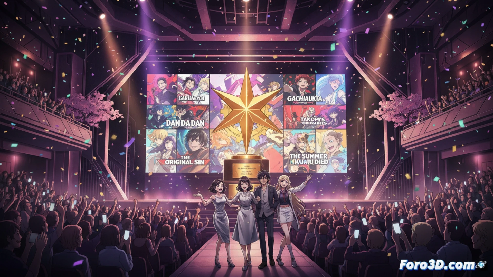 Una elegante alfombra roja en Tokio, con carteles de los nominados y fans votando en sus teléfonos.