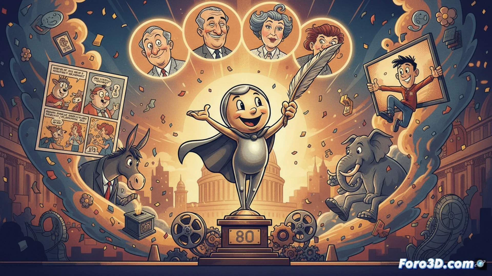 Una caricatura de estilo vintage muestra un lápiz gigante entregando un trofeo Reuben a una nube de bocadillos cómicos.