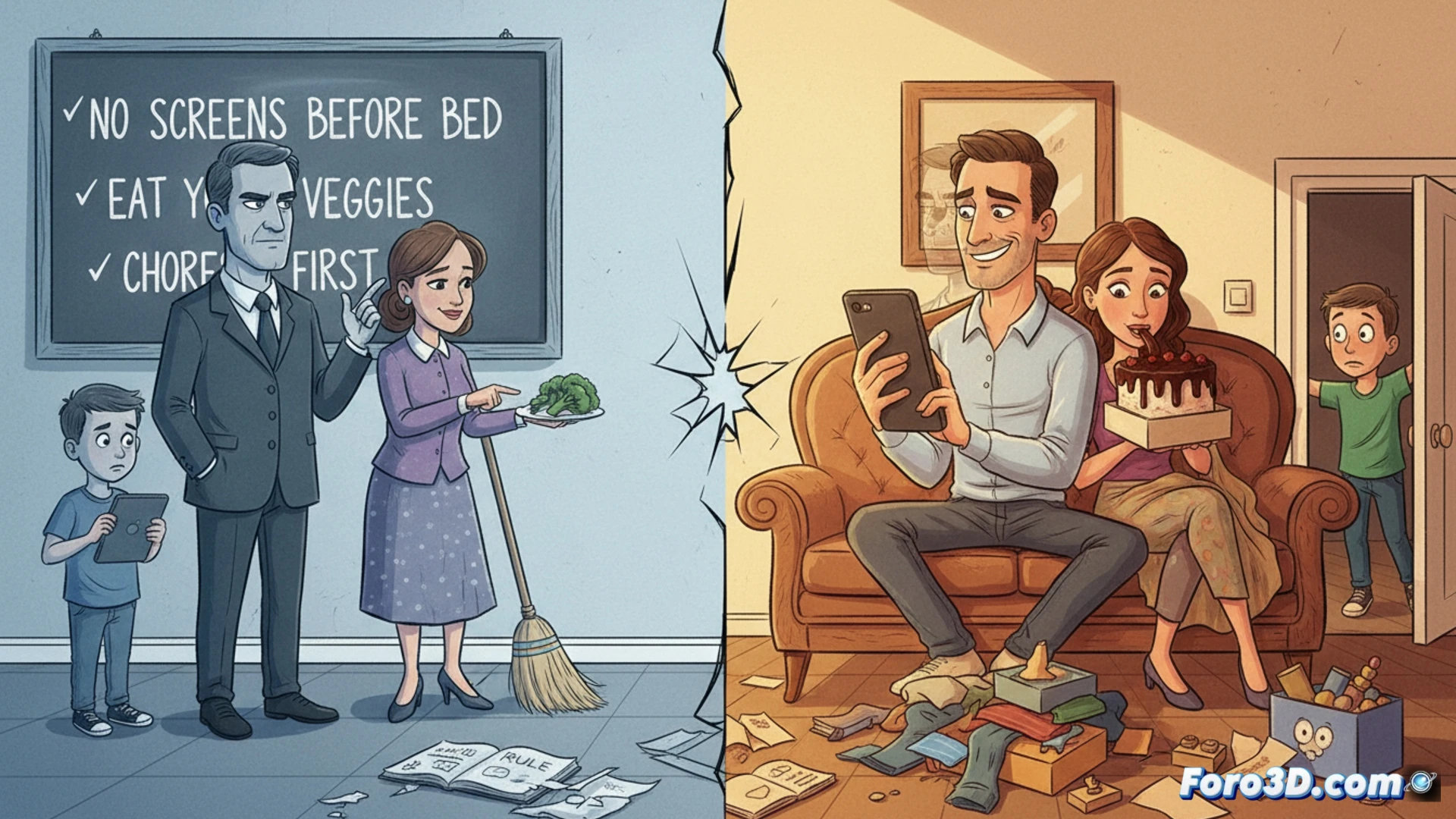 Un padre exige a su hijo apagar el móvil mientras él mismo lo usa compulsivamente.