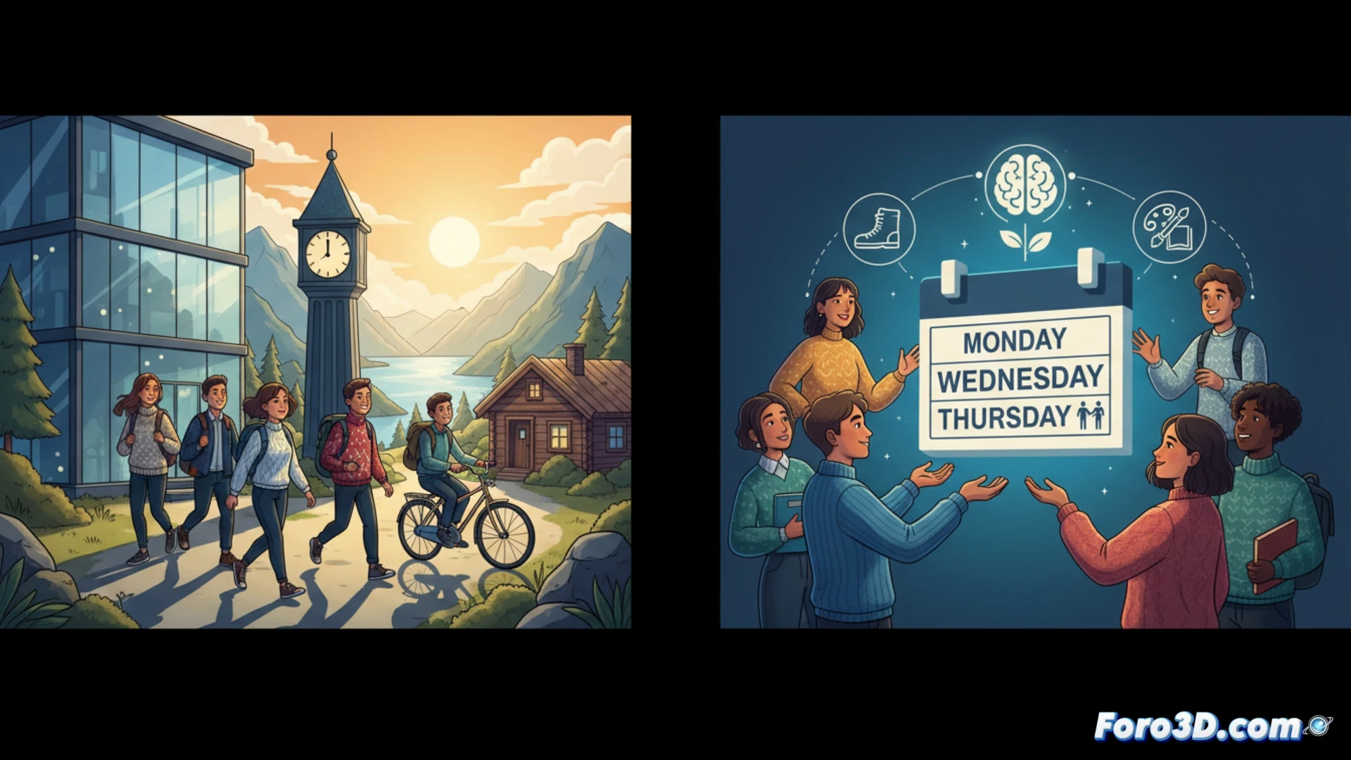 Jovenes trabajando productivamente en una oficina moderna, saliendo temprano bajo el sol nórdico, simbolizando equilibrio laboral.