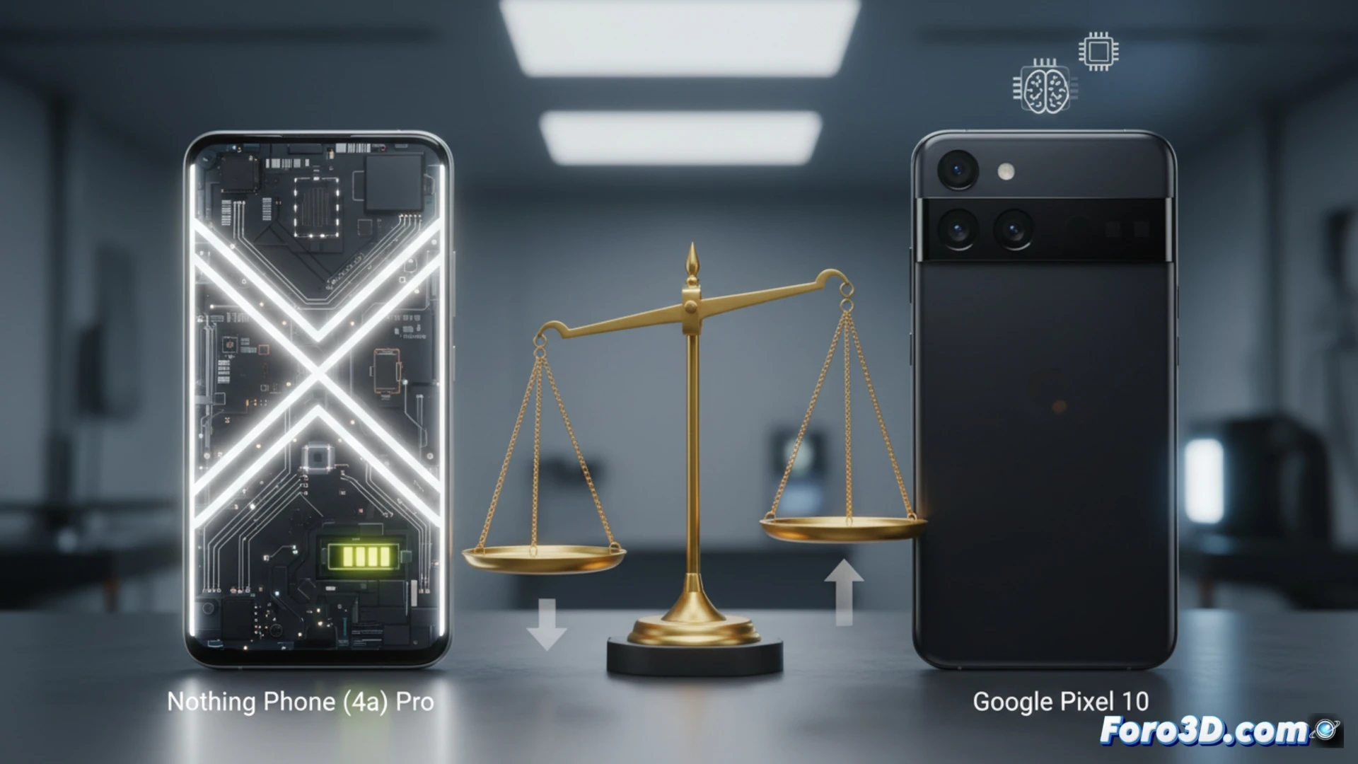Un móvil con diseño trasero translúcido junto a otro con cámara en barra, sobre una balanza que compara calidad y precio.