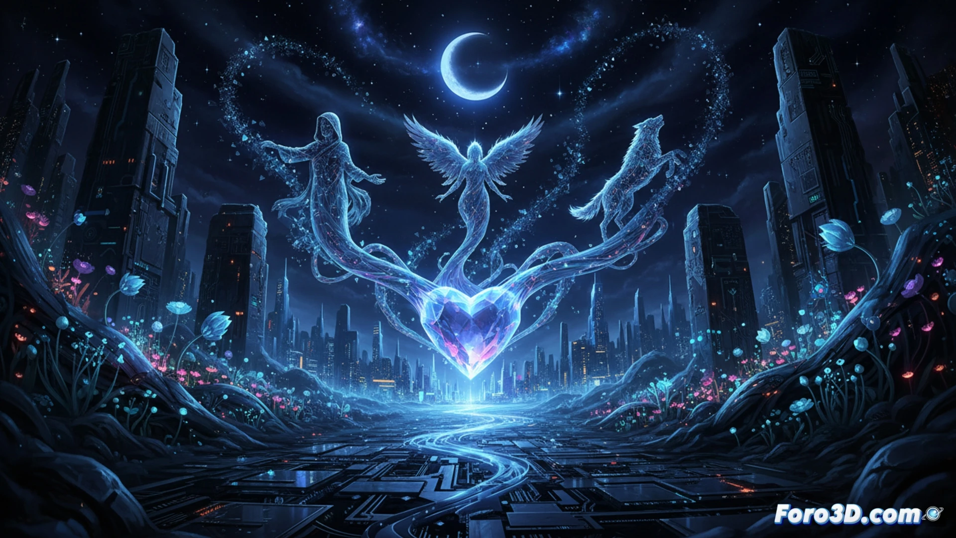 Una mano digital emerge de un manuscrito antiguo, liberando una constelacion 3D que se funde con la noche estrellada.