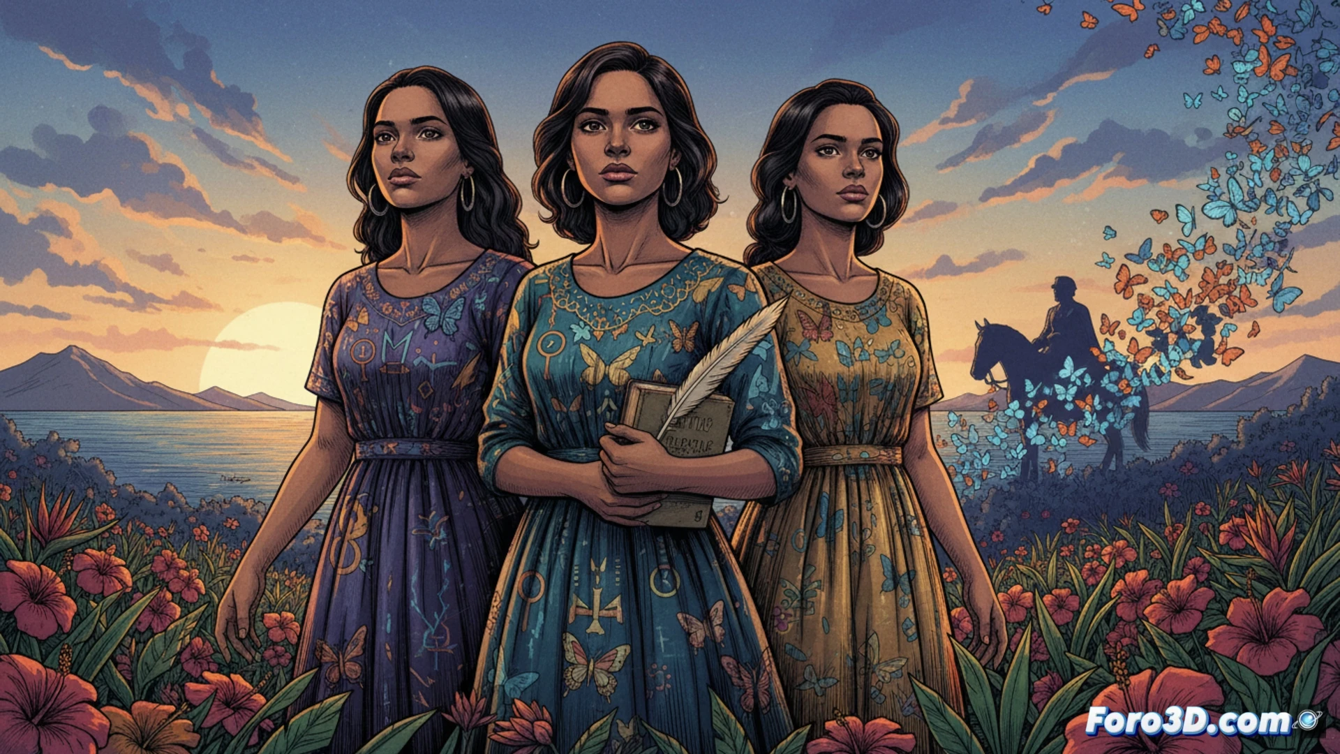 Una ilustración estilizada de las hermanas Mirabal, con mariposas revolucionarias volando desde sus siluetas.