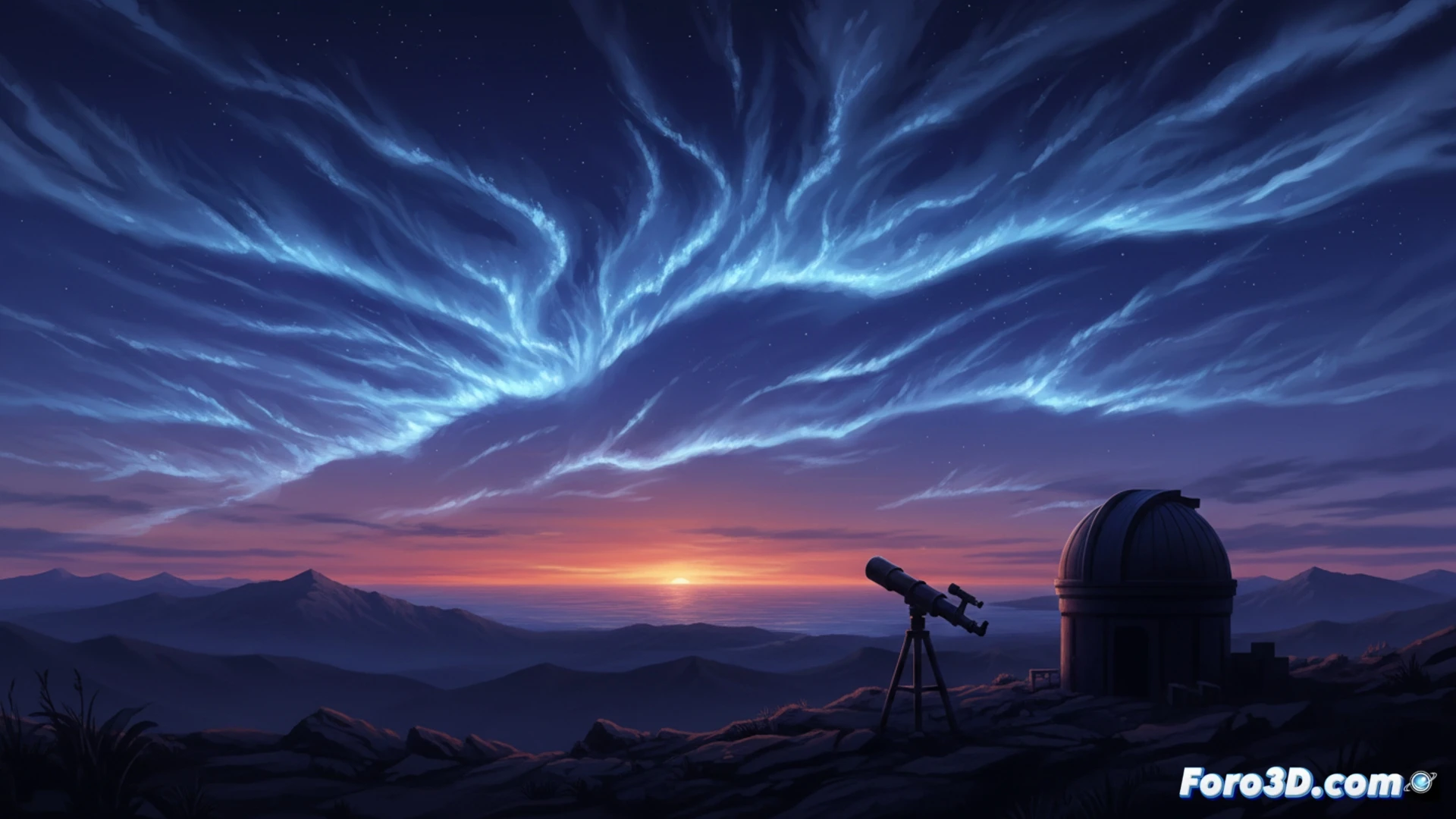 Modelo 3D de la mesosfera terrestre mostrando la capa de nubes noctilucentes a 80 km de altura, sobre un paisaje nocturno.