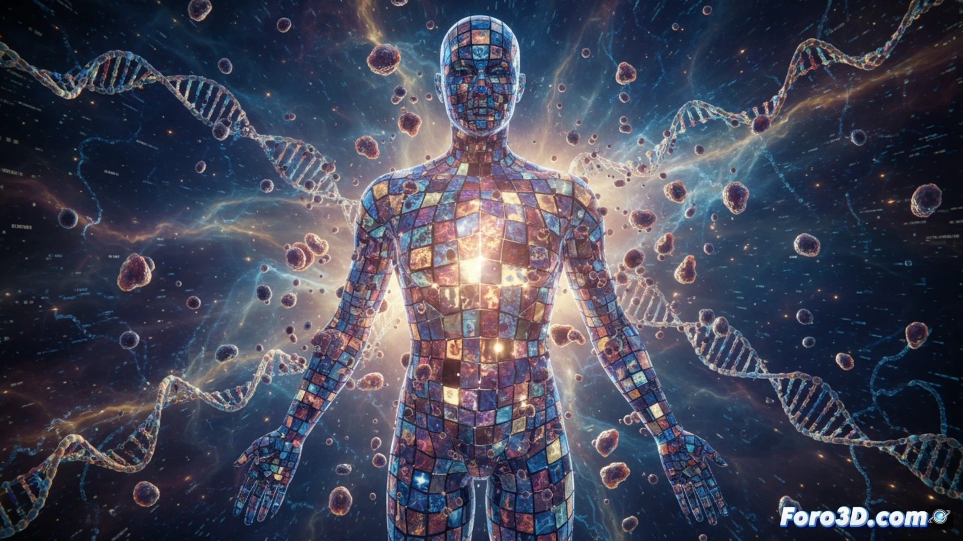 Un mosaico celular vivo, con mutaciones como destellos en un cuerpo humano en evolución.