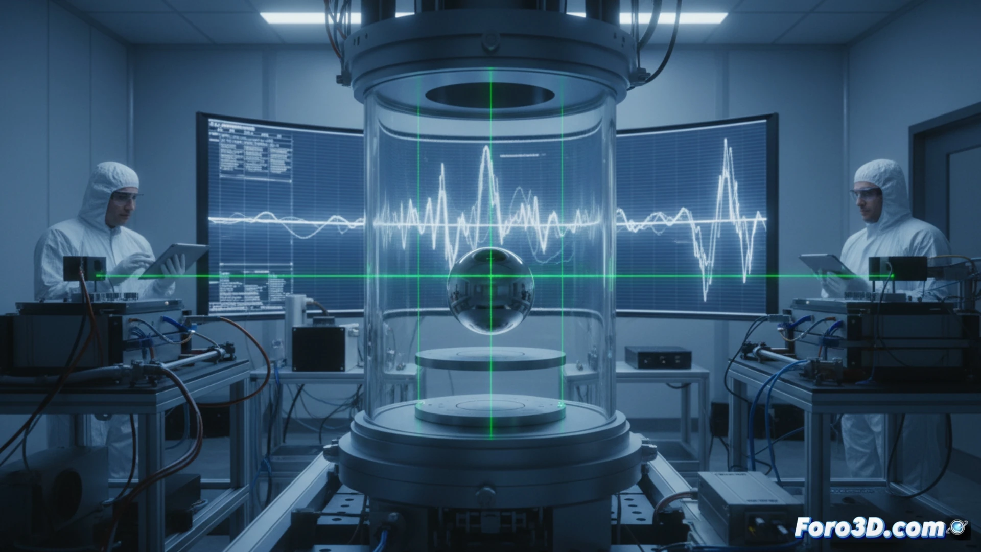 Un físico ajusta un intrincado aparato de precisión en un laboratorio oscuro, con rayos láser azules y esferas metálicas suspendidas, midiendo la sutil fuerza de la gravedad.