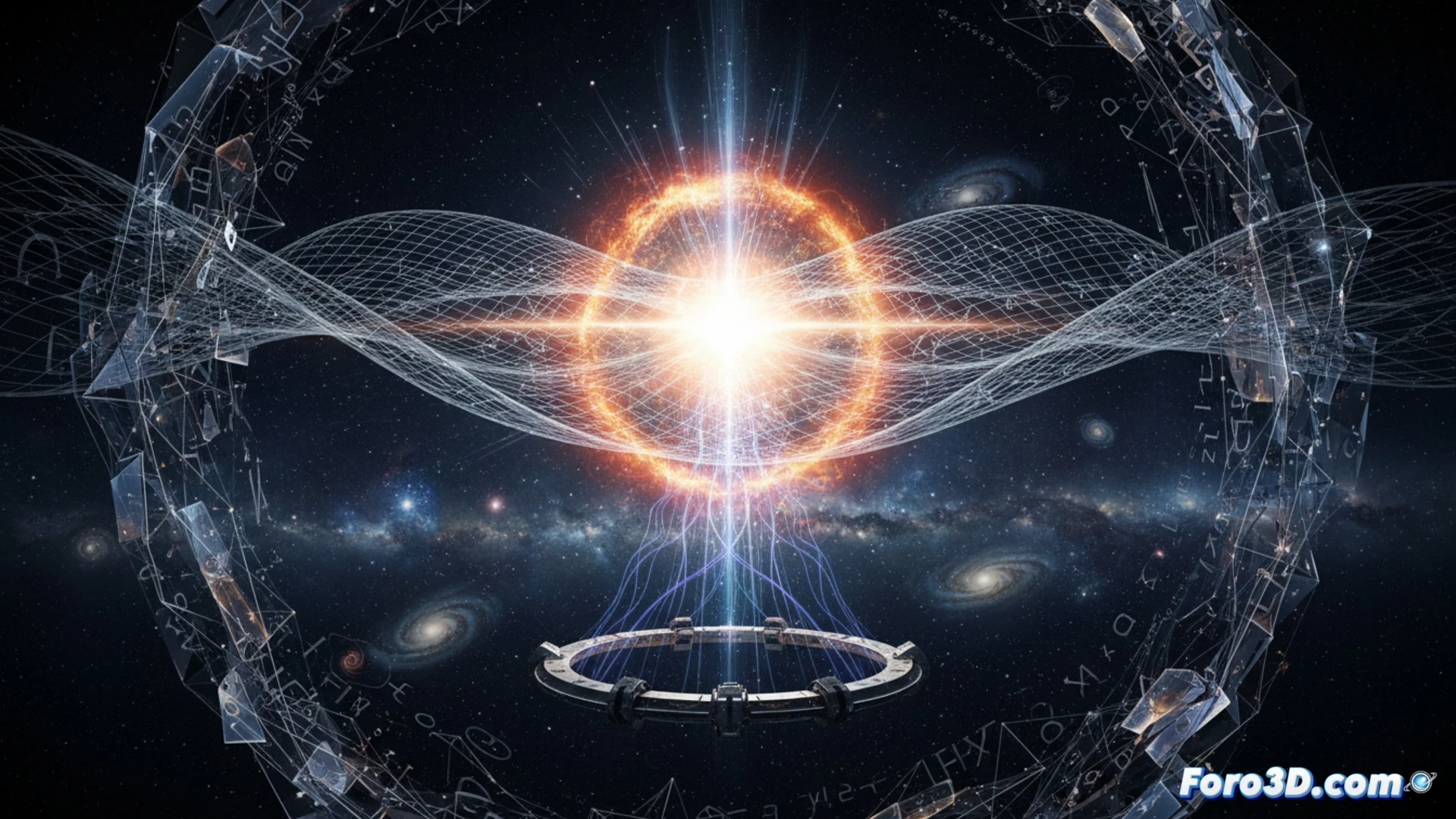 Una esfera luminosa emerge de un vacío cuántico retorcido, con ecuaciones de gravedad cuántica formando su tejido, sin necesidad de un inflatón.