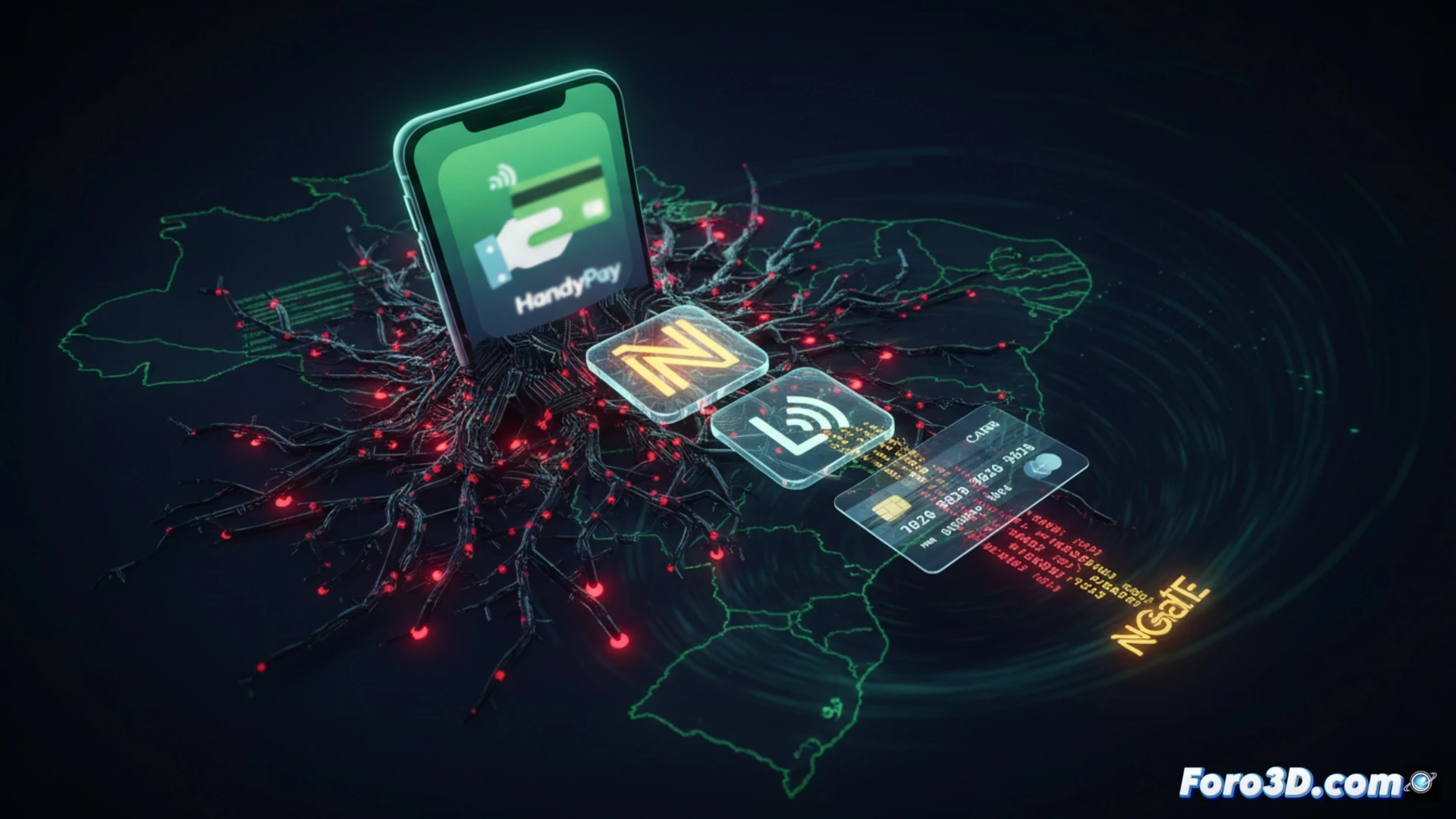 Una app de pago NFC con icono legítimo muestra en segundo plano código malicioso extrayendo datos de una tarjeta.