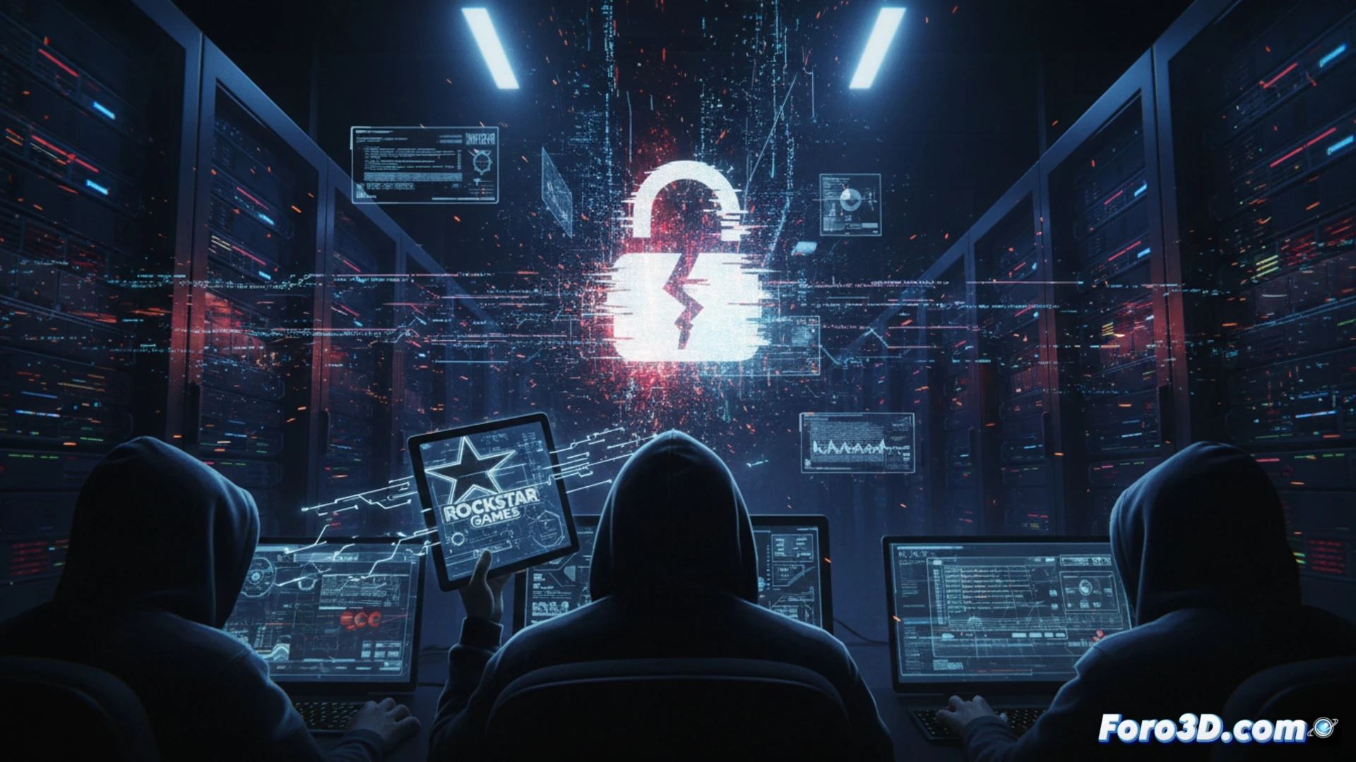 Una pantalla con código de GTA 6 y un mensaje de 'rescate' superpuesto, evocando la filtración de 2022.