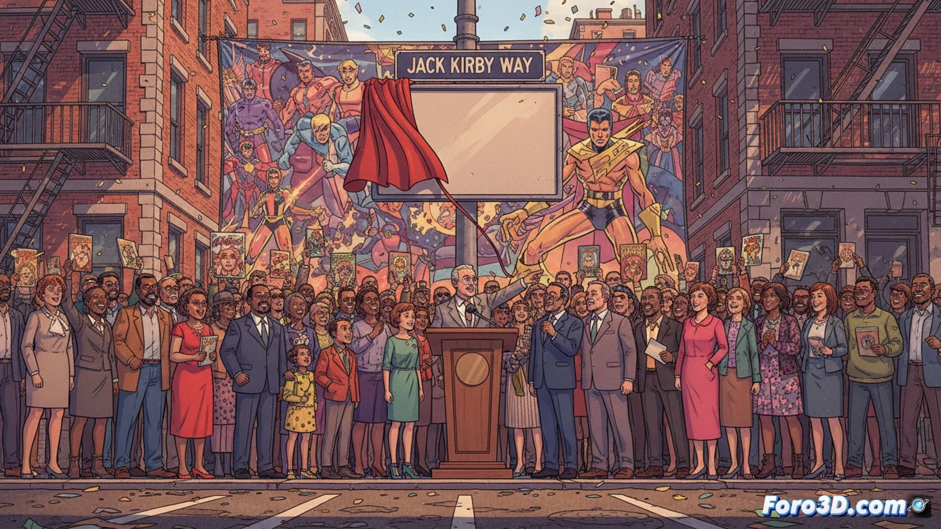 Una calle de Nueva York con nueva señalética que honra a Jack Kirby, el rey del cómic.