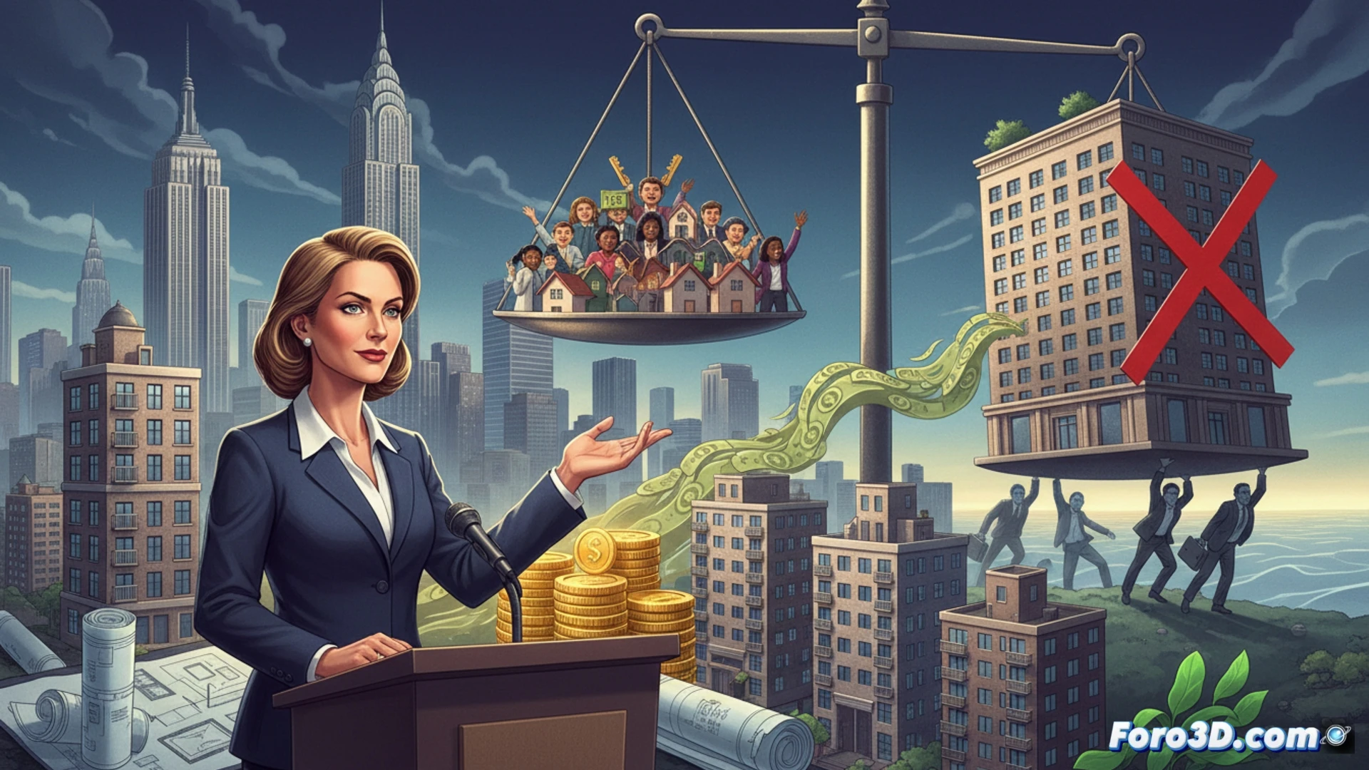 Un rascacielos de lujo junto a un edificio social, con un flujo de dinero entre ambos.