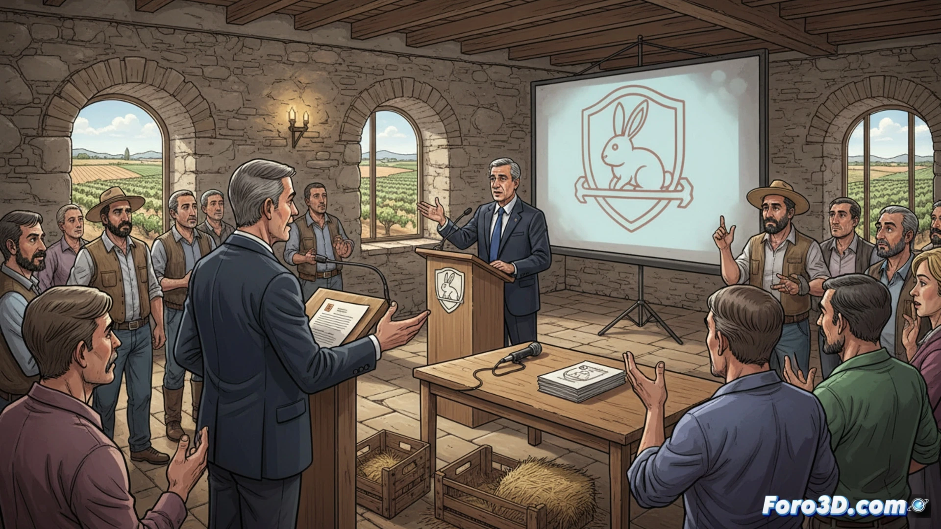 Un campo de cultivo en Tomelloso con rastrojos y conejos visibles, junto a un agricultor señalando los daños, bajo un cielo despejado.