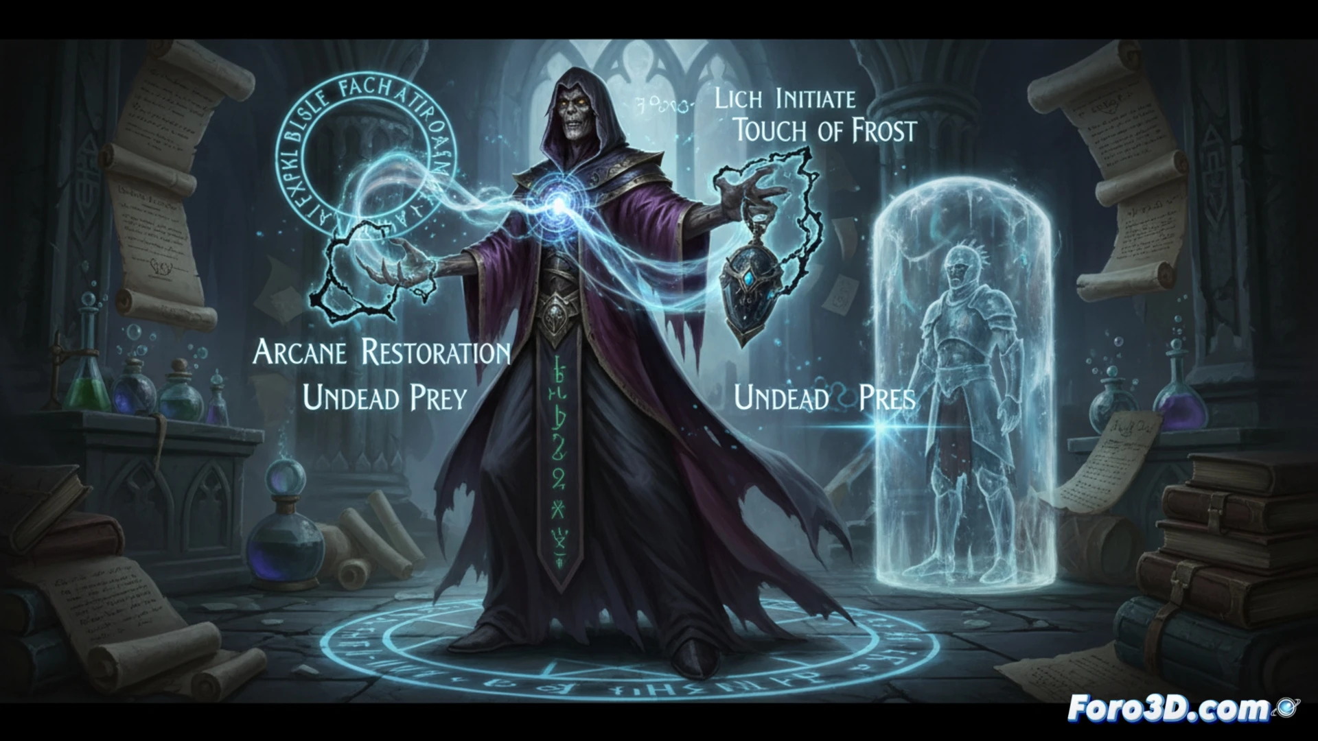 Un mago con piel pálida y ojos brillantes sostiene un filactorio, rodeado de un aura espectral y pergaminos arcanos.