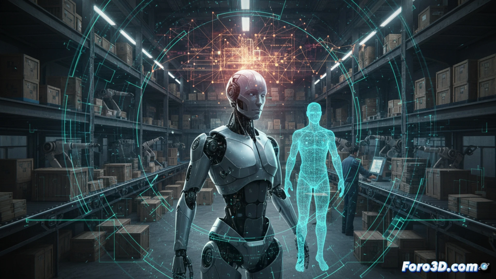 Un robot industrial en un almacén, con superposiciones digitales de mallas 3D y vectores de trayectoria sobre su entorno, ilustrando su percepción espacial avanzada.