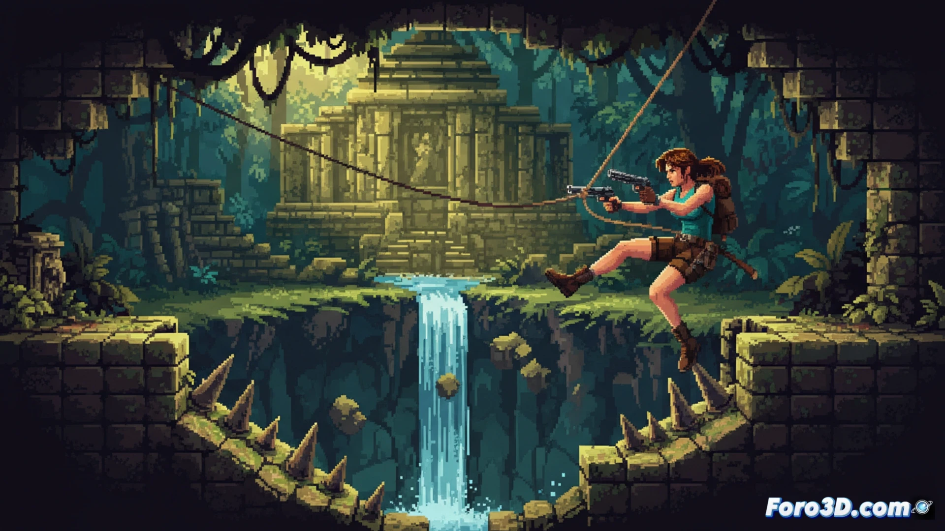 Una Lara Croft en 2D, estilo retro, salta entre plataformas en una pirámide antigua.